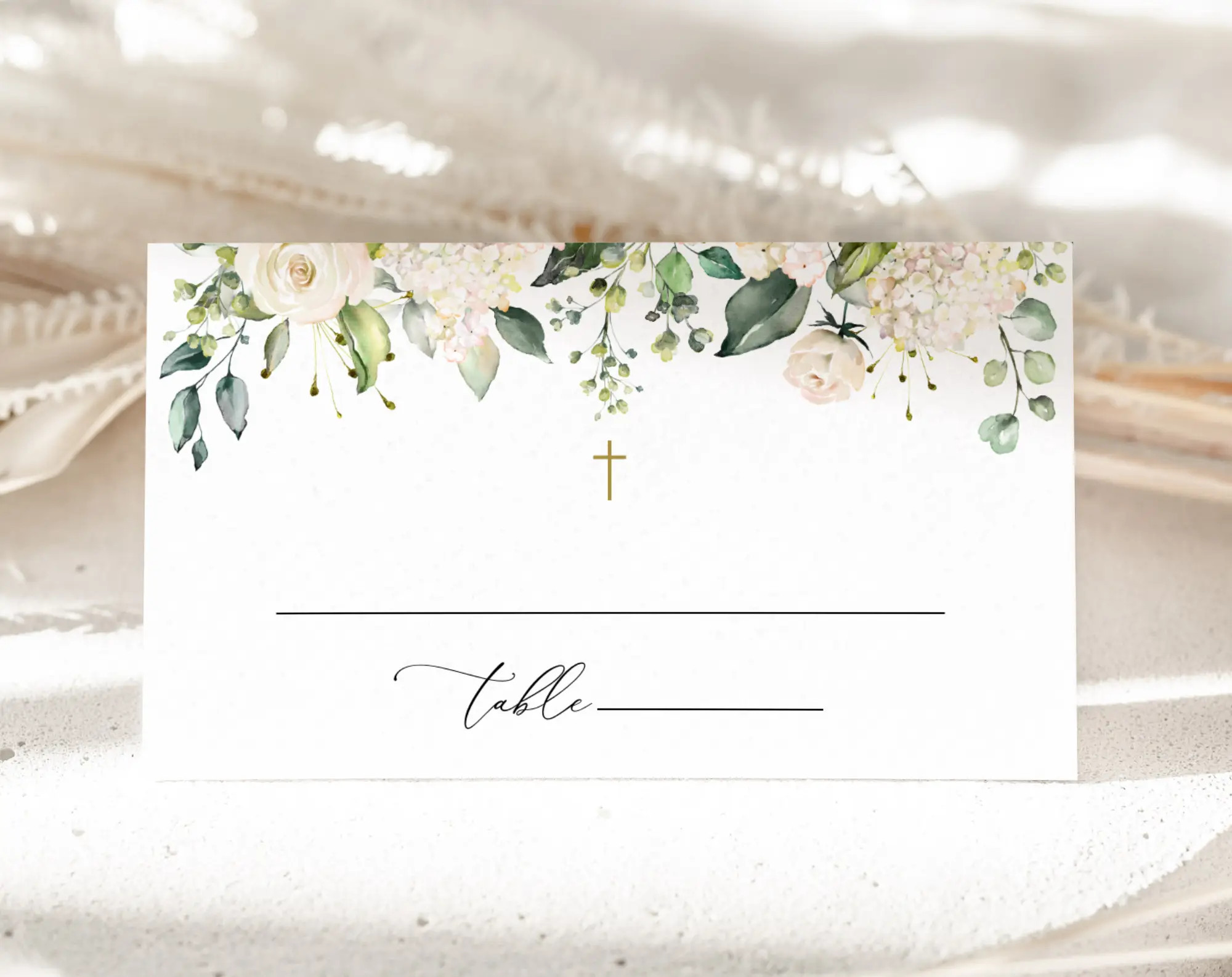 Cream White Flowers Place Card, Baptism, First Holy Communion, Printable File, Edit Yourself, SH154 SH155
