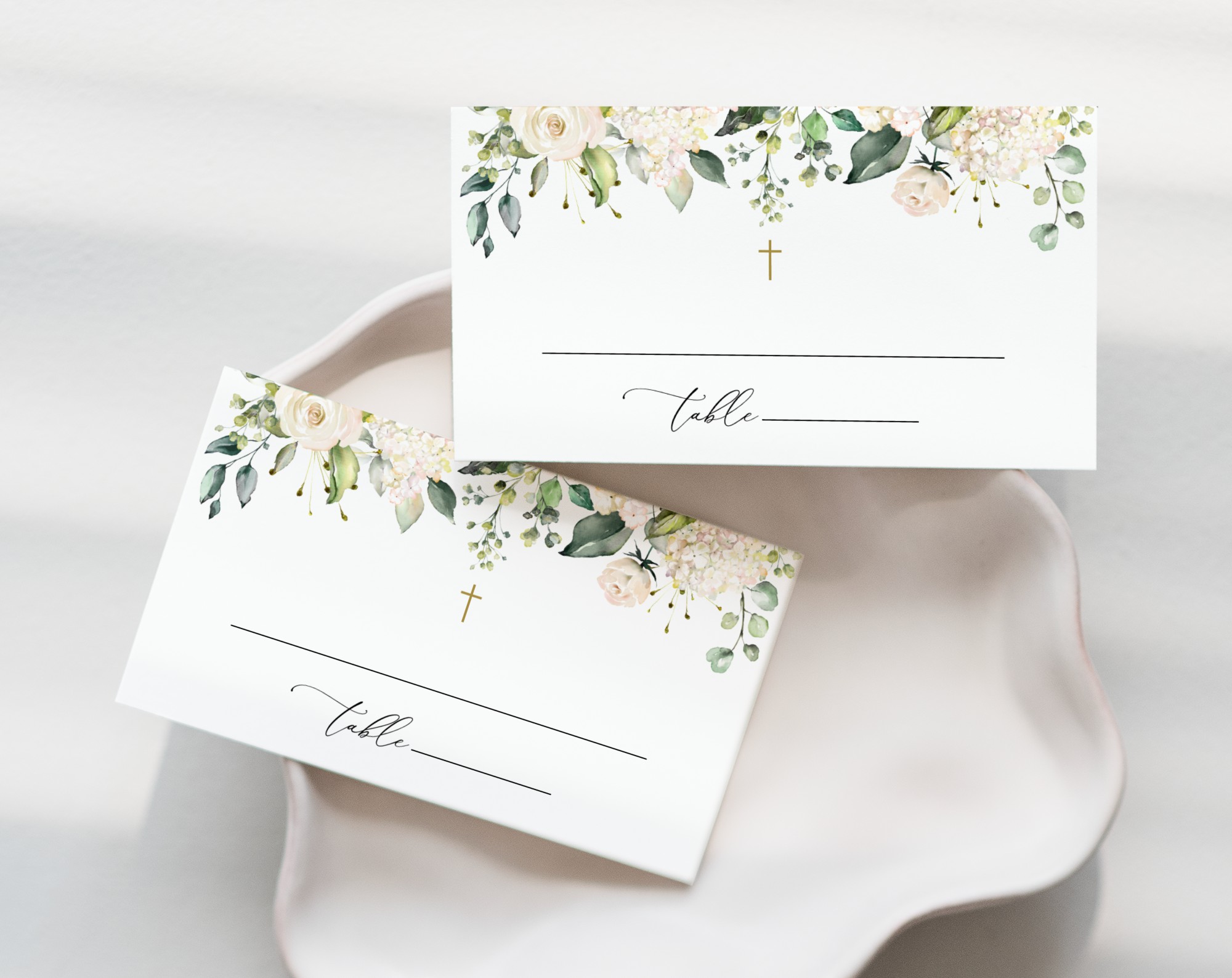 Cream White Flowers Place Card, Baptism, First Holy Communion, Printable File, Edit Yourself, SH154 SH155