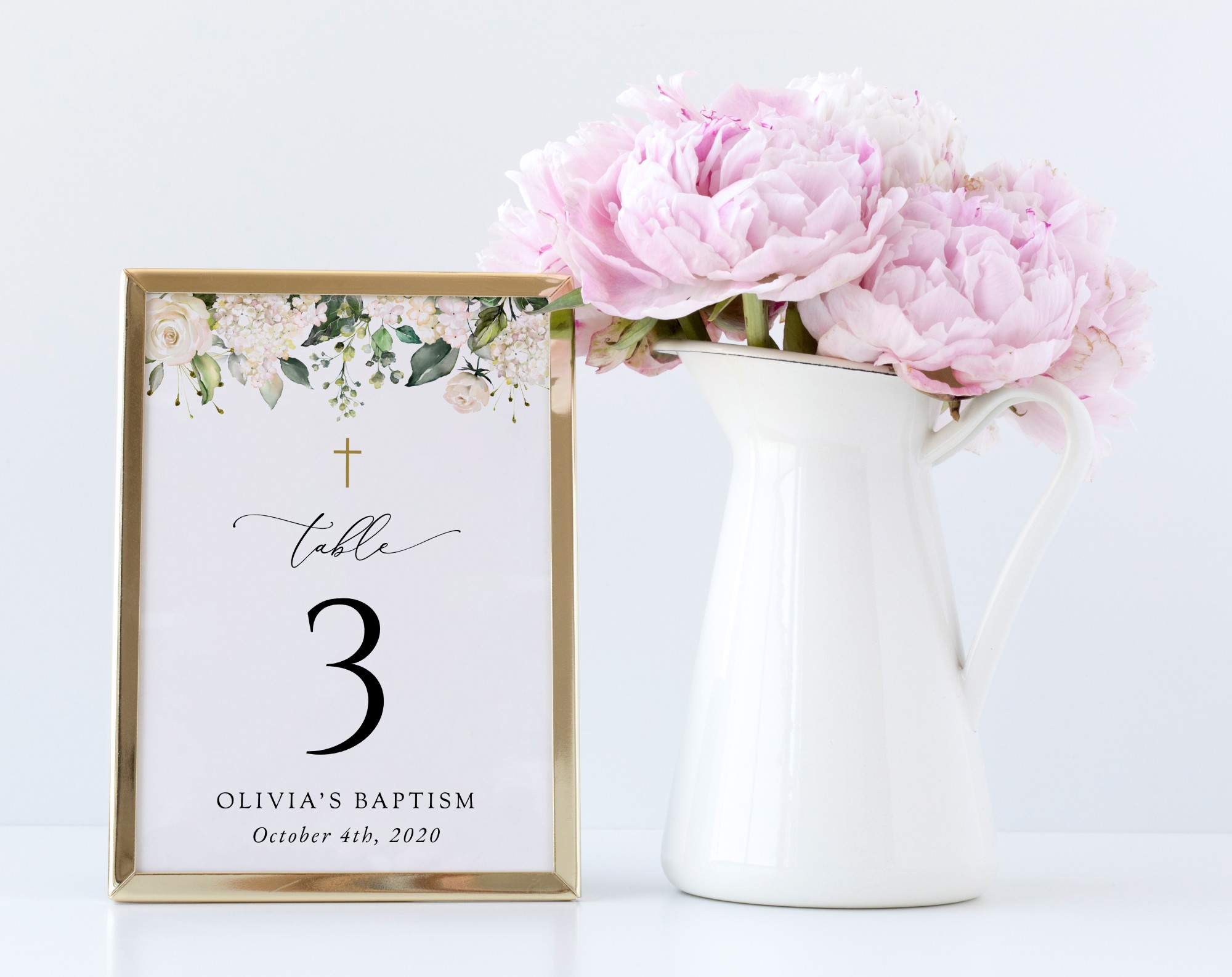 Cream White Flowers Table Number Sign - Baptism Sign