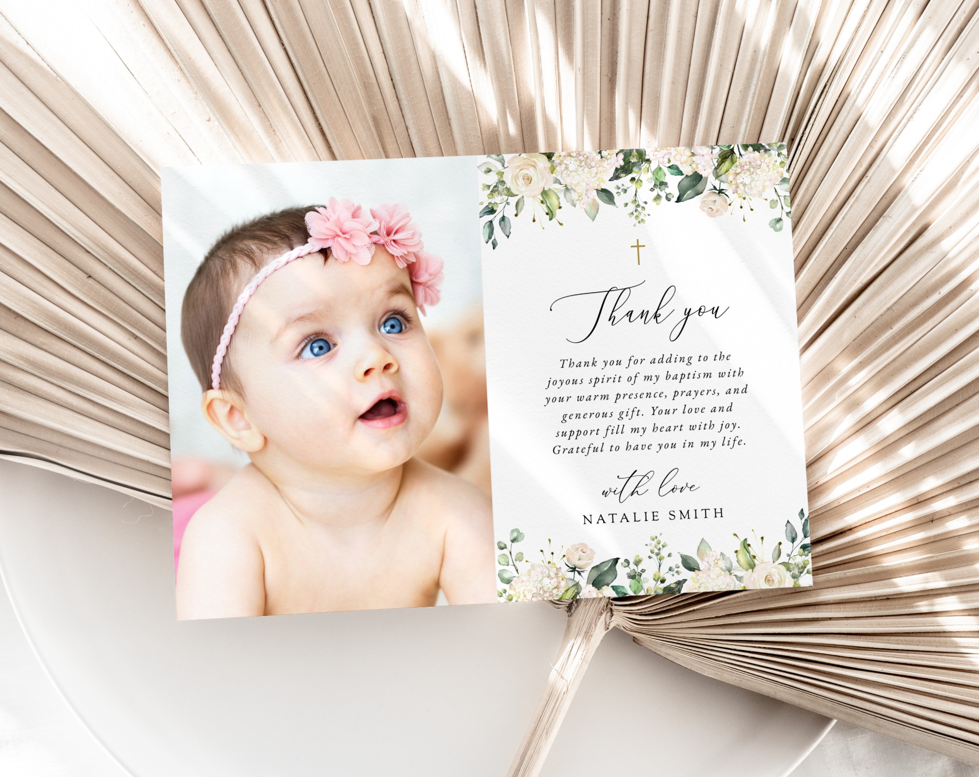Cream White Flowers Baptism Thank You Card, Baptism Stationery, Printable File, Edit Yourself, SH154