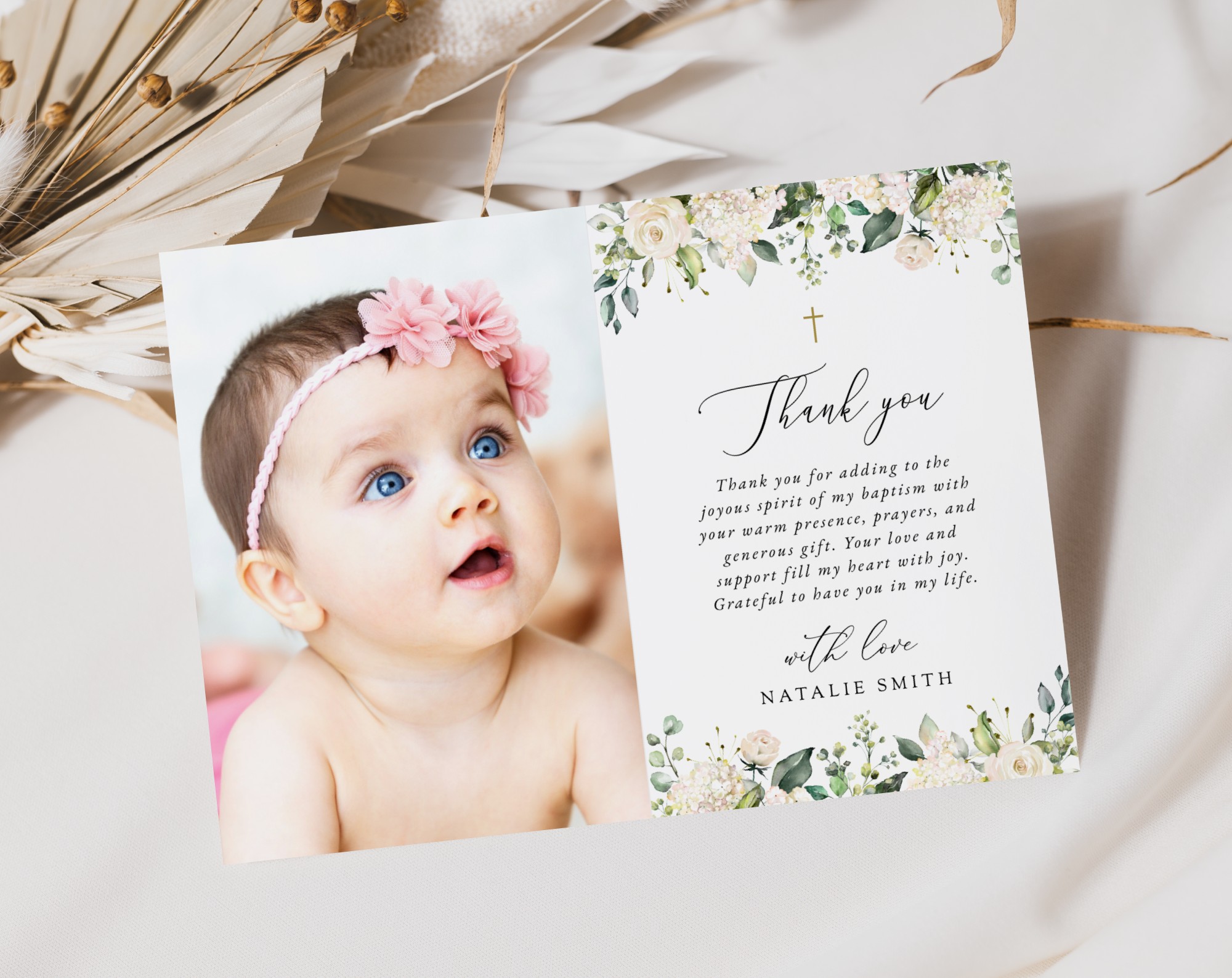 Cream White Flowers Baptism Thank You Card, Baptism Stationery, Printable File, Edit Yourself, SH154 Cream White Flowers Baptism Thank You Card, Baptism Stationery, Printable File, Edit Yourself, SH154