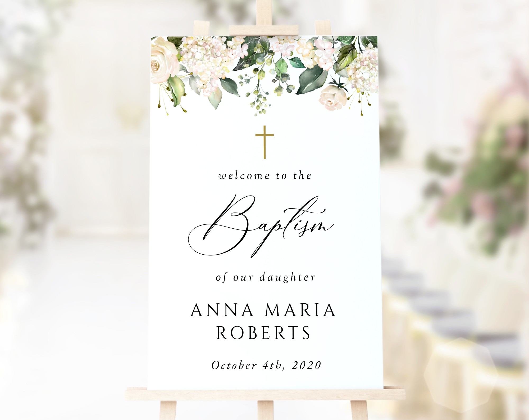 Cream White Flowers Welcome Sign, Baptism Sign, Printable File, Edit Yourself, SH154