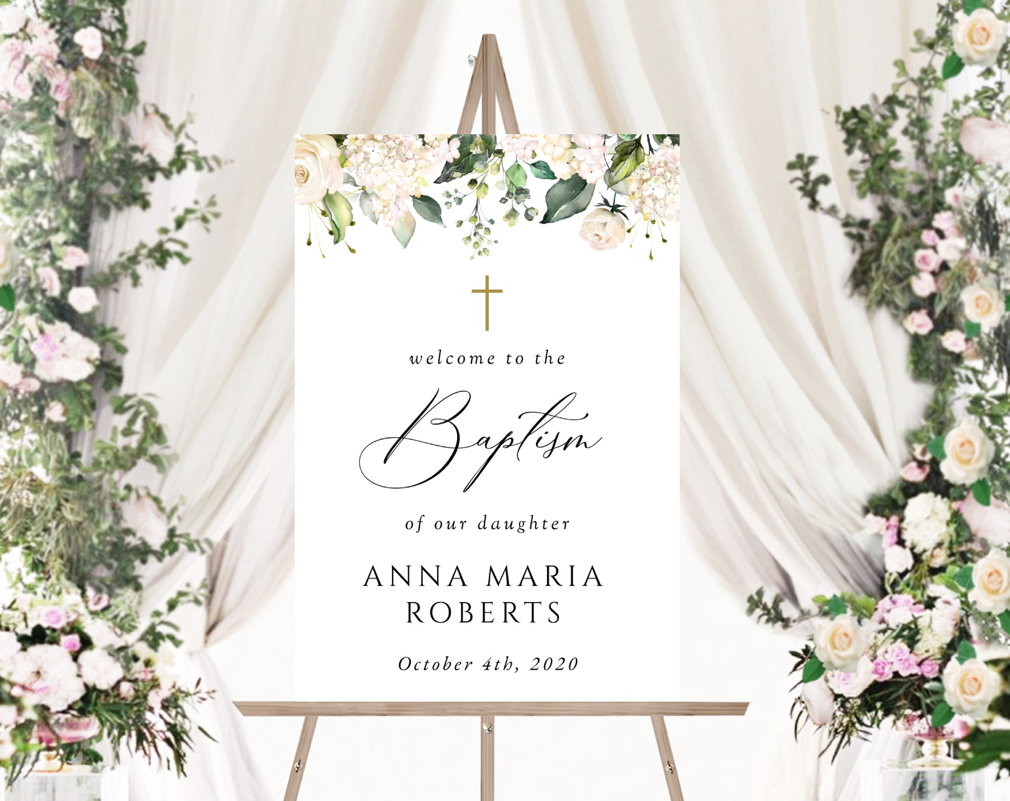 Cream White Flowers Welcome Sign, Baptism Sign, Printable File, Edit Yourself, SH154