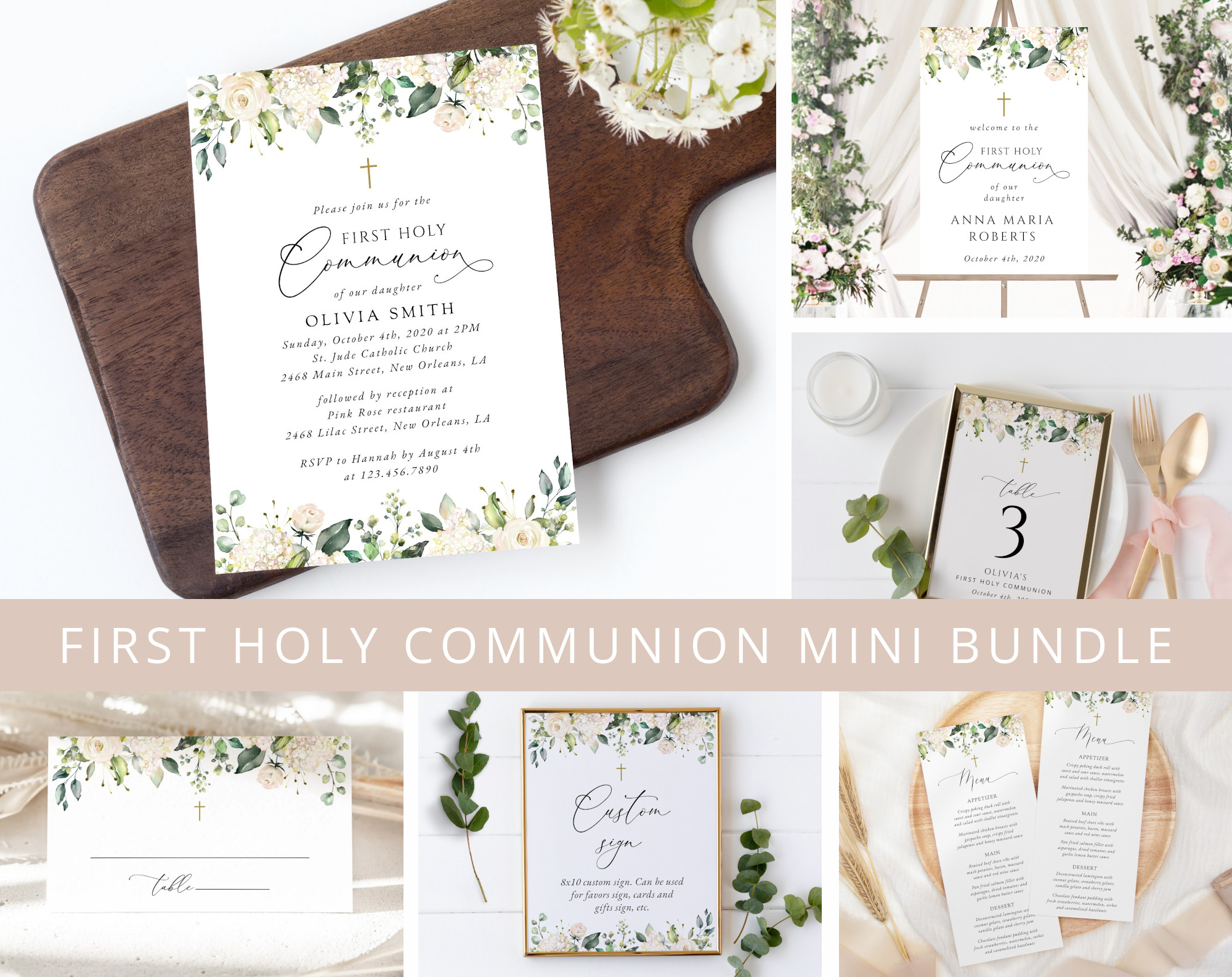 Cream White Flowers First Holy Communion Mini Bundle, Printable File, Edit Yourself, SH155
