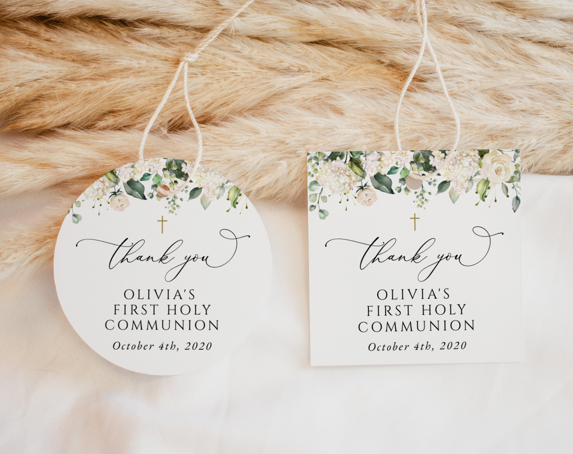 Cream White Flowers First Holy Communion Favor Tags, Gift Tags, Printable File, Edit Yourself, SH155