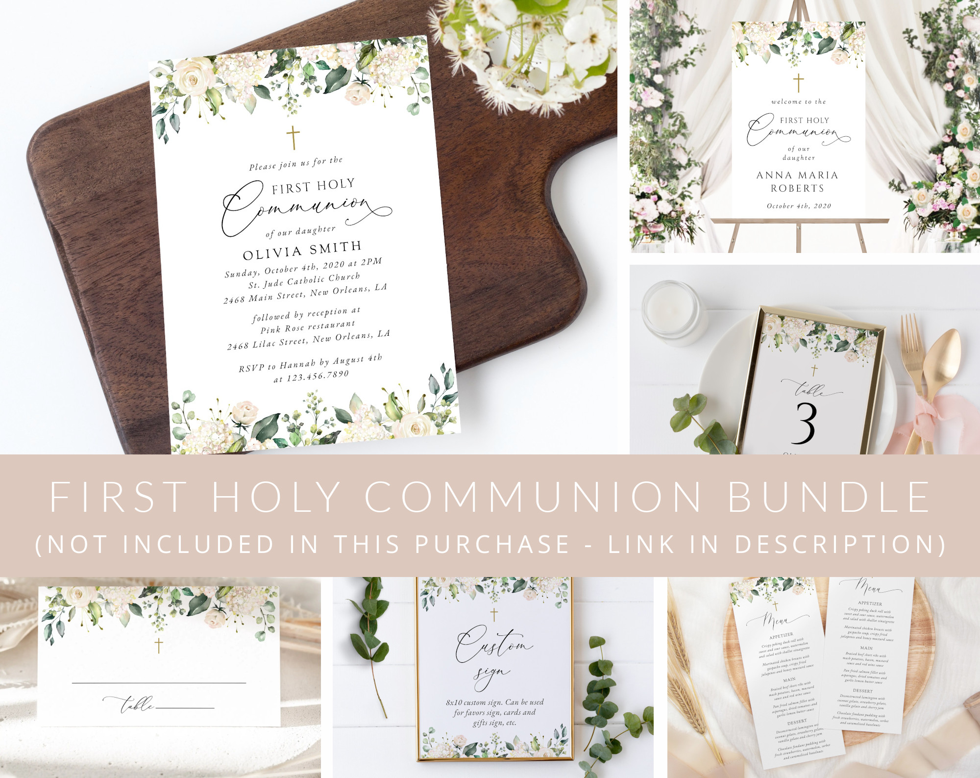 Cream White Flowers First Holy Communion Mini Bundle, Printable File, Edit Yourself, SH155 Cream White Flowers First Holy Communion Mini Bundle, Printable File, Edit Yourself, SH155