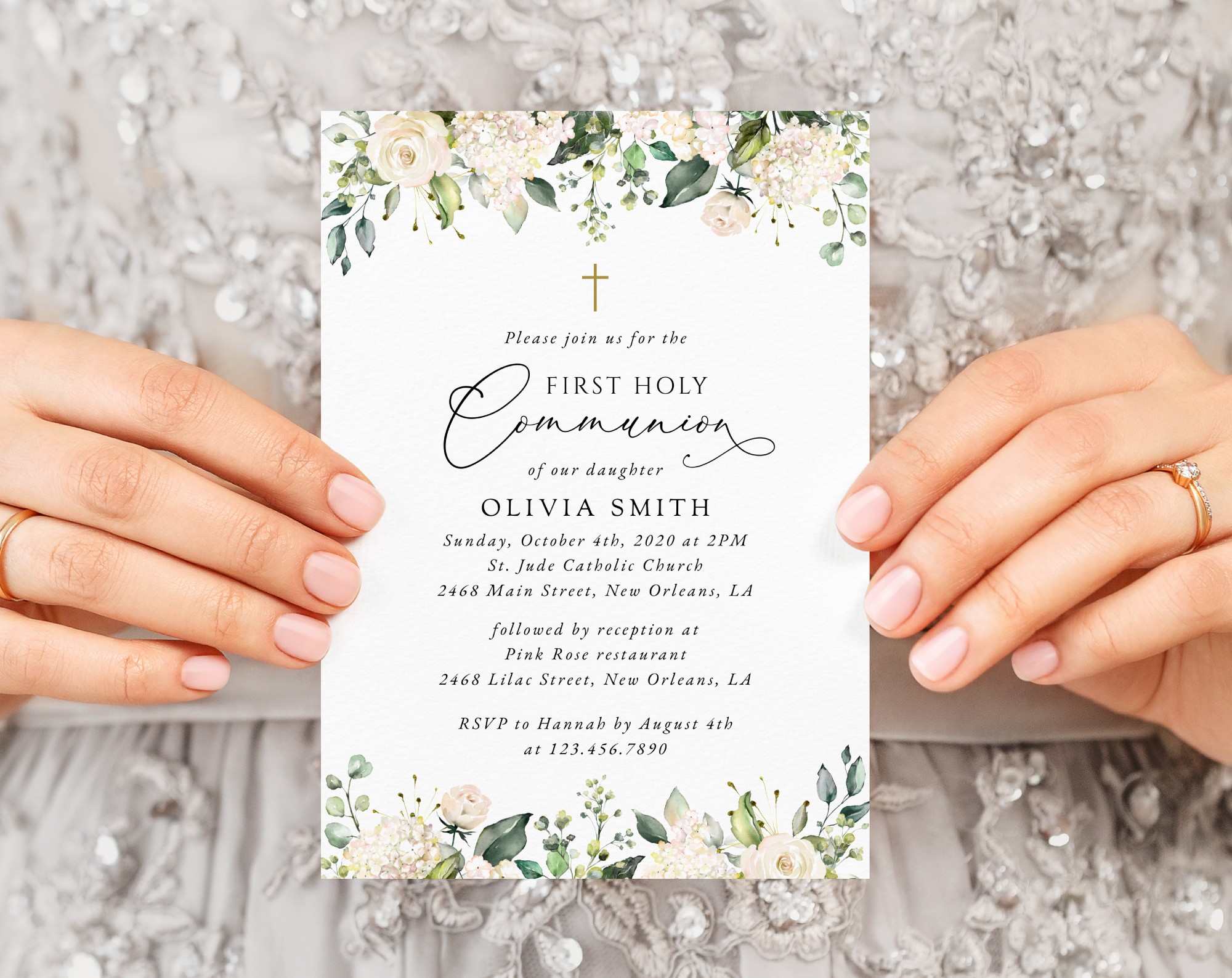 Cream White Flowers First Holy Communion Invitation, Printable File, Edit Yourself, SH155 Cream White Flowers First Holy Communion Invitation, Printable File, Edit Yourself, SH155