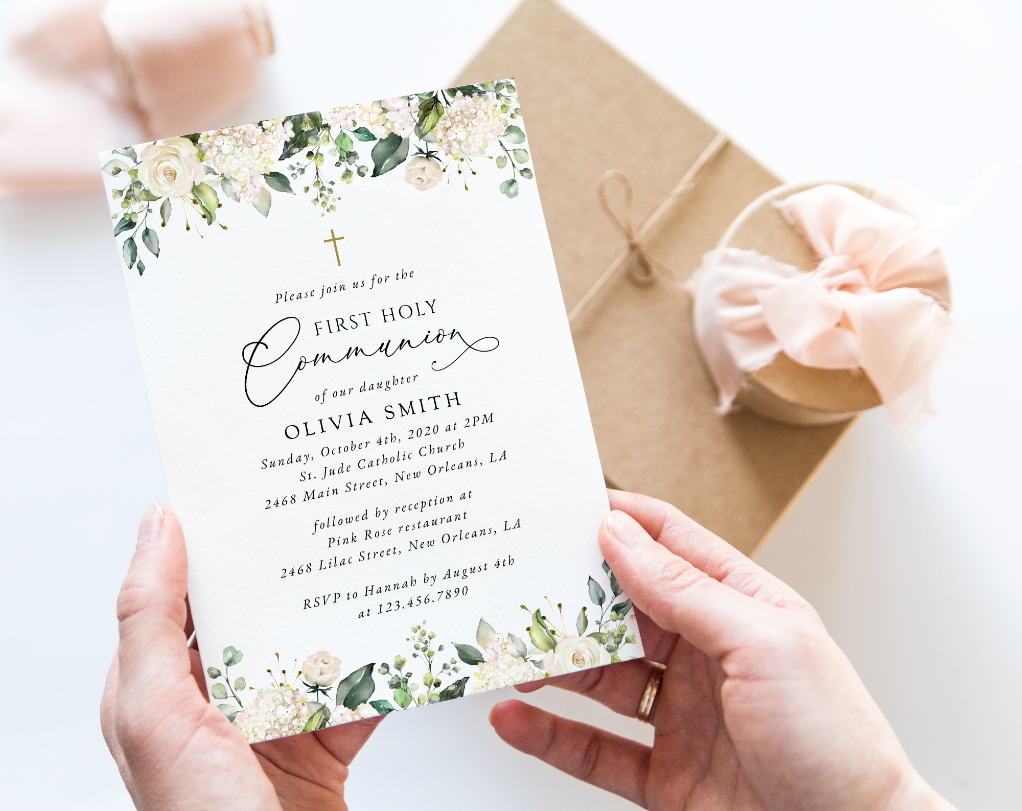 Cream White Flowers First Holy Communion Invitation, Printable File, Edit Yourself, SH155 Cream White Flowers First Holy Communion Invitation, Printable File, Edit Yourself, SH155