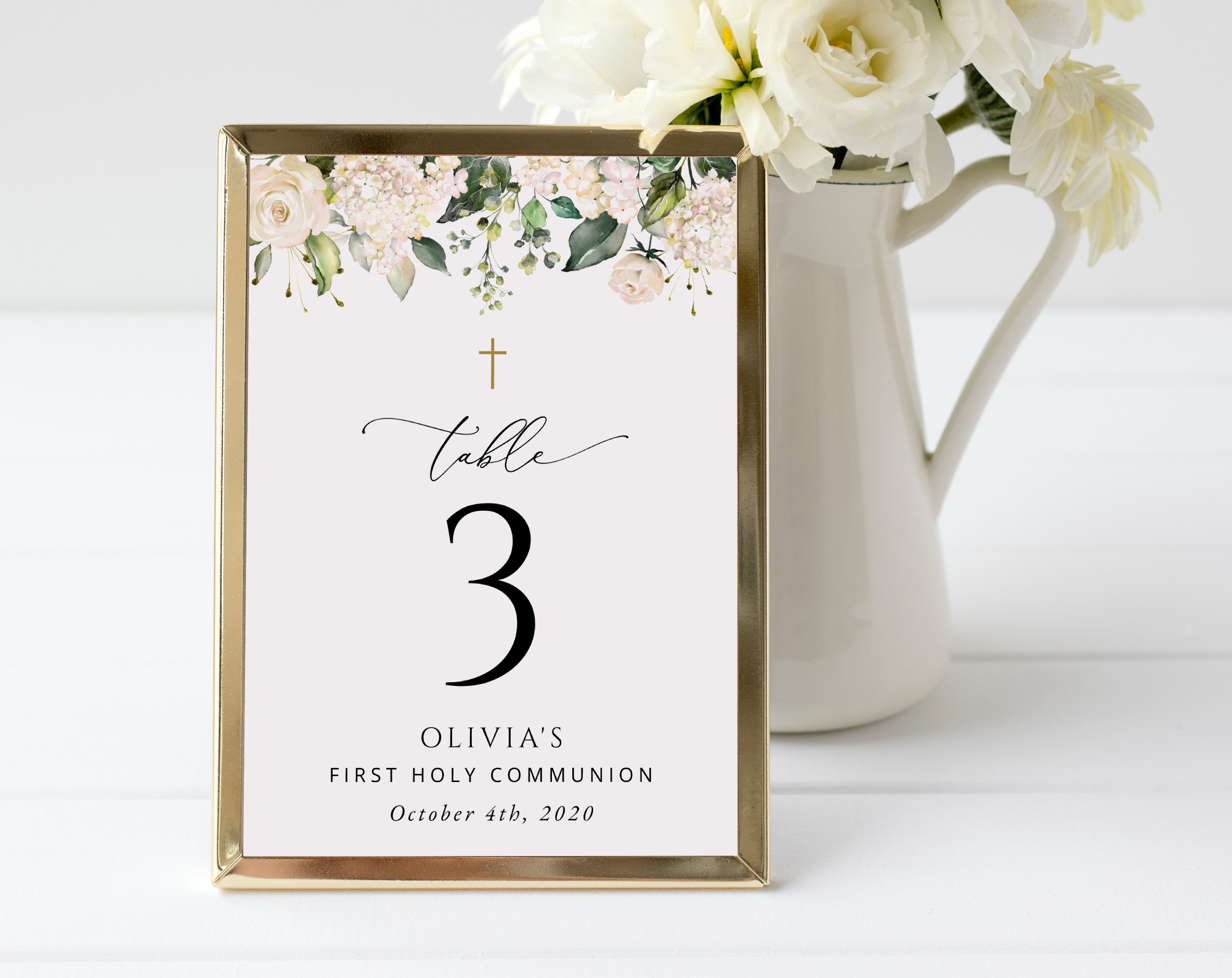 Cream White Flowers Table Number Sign, First Holy Communion Sign, Printable File, Edit Yourself, SH155