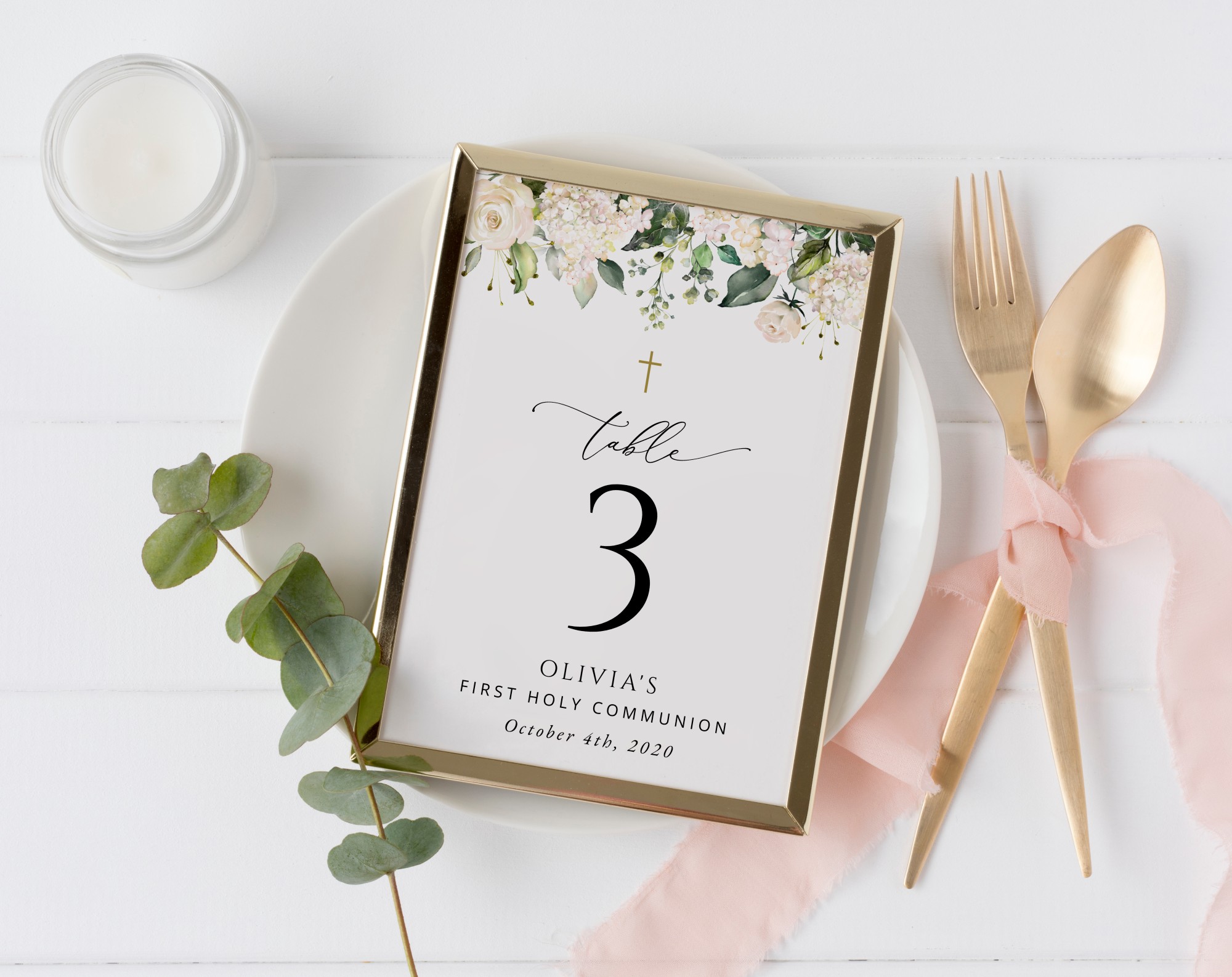 Cream White Flowers Table Number Sign, First Holy Communion Sign, Printable File, Edit Yourself, SH155
