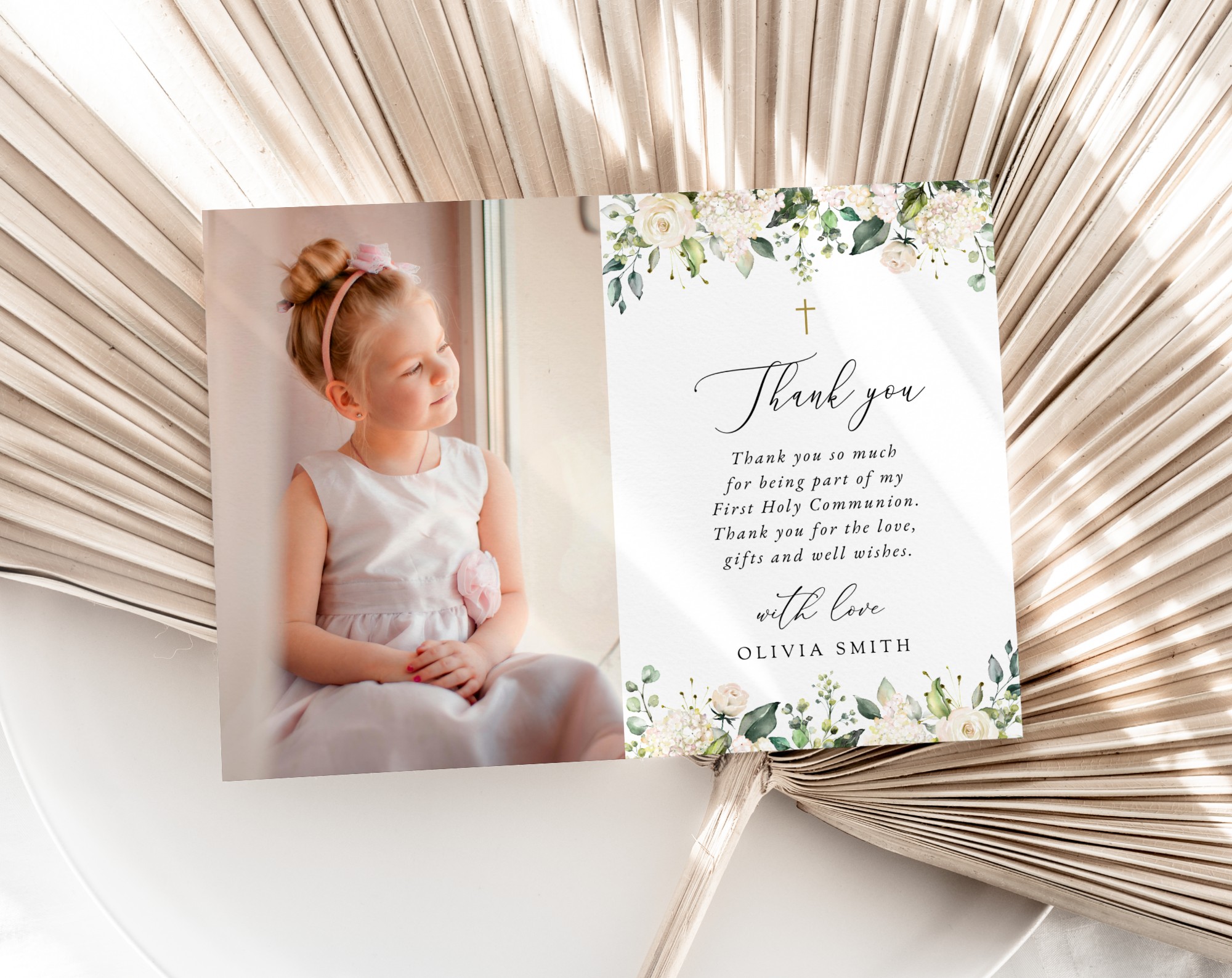 Cream White Flowers First Holy Communion Thank You Card, Printable File, Edit Yourself, SH155