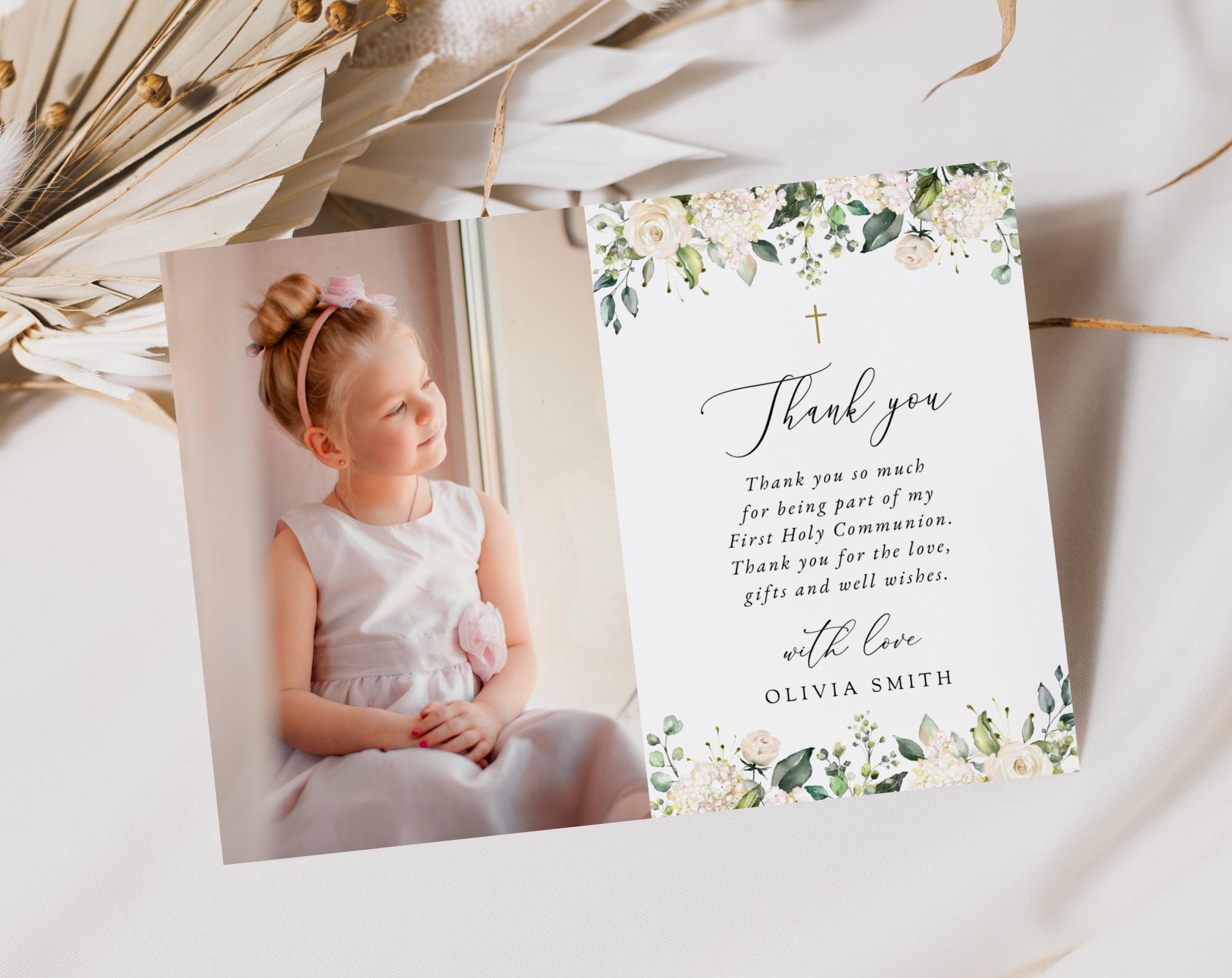 Cream White Flowers First Holy Communion Thank You Card, Printable File, Edit Yourself, SH155