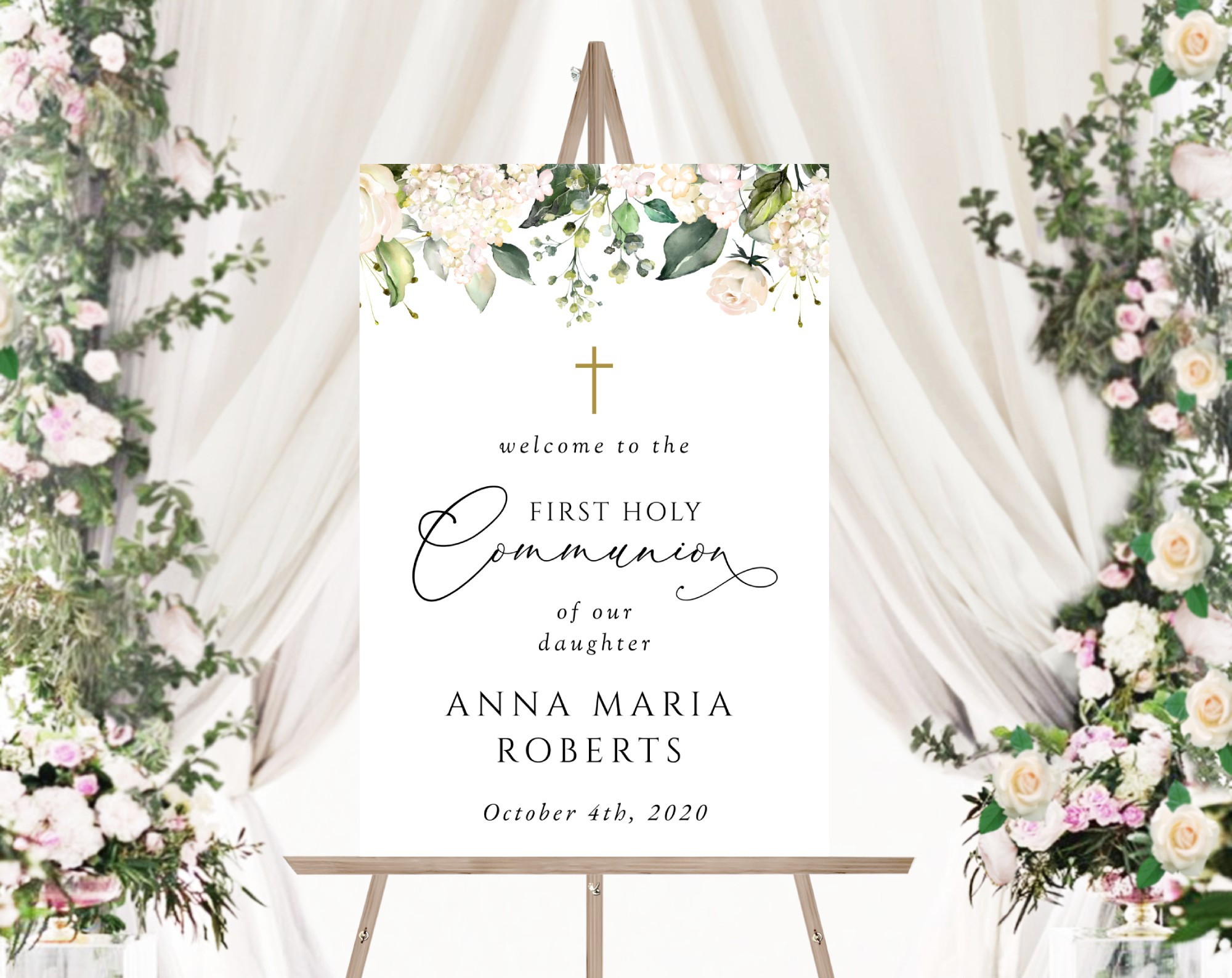 Cream White Flowers Welcome Sign, First Holy Communion Sign, Printable File, Edit Yourself, SH155