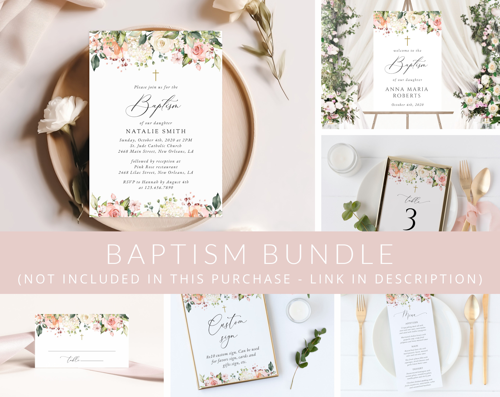 Pink, Orange and White Flowers Baptism Mini Bundle, Printable File, Edit Yourself, SH156 Pink, Orange and White Flowers Baptism Mini Bundle, Printable File, Edit Yourself, SH156
