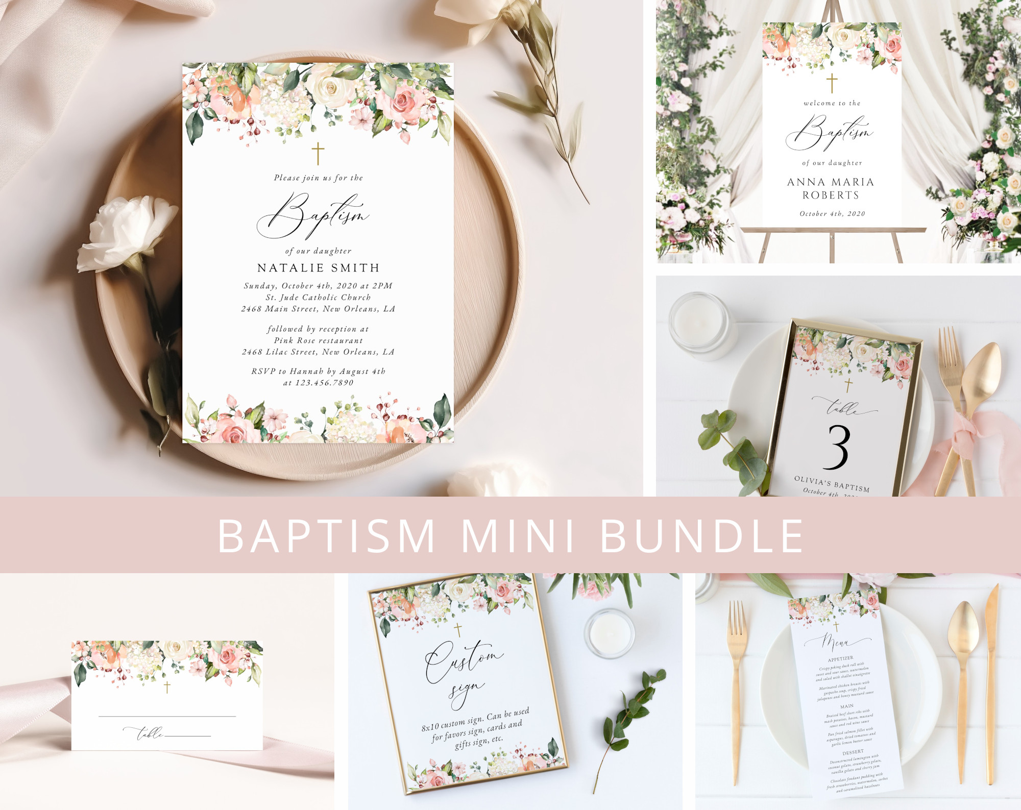 Pink, Orange and White Flowers Baptism Mini Bundle, Printable File, Edit Yourself, SH156