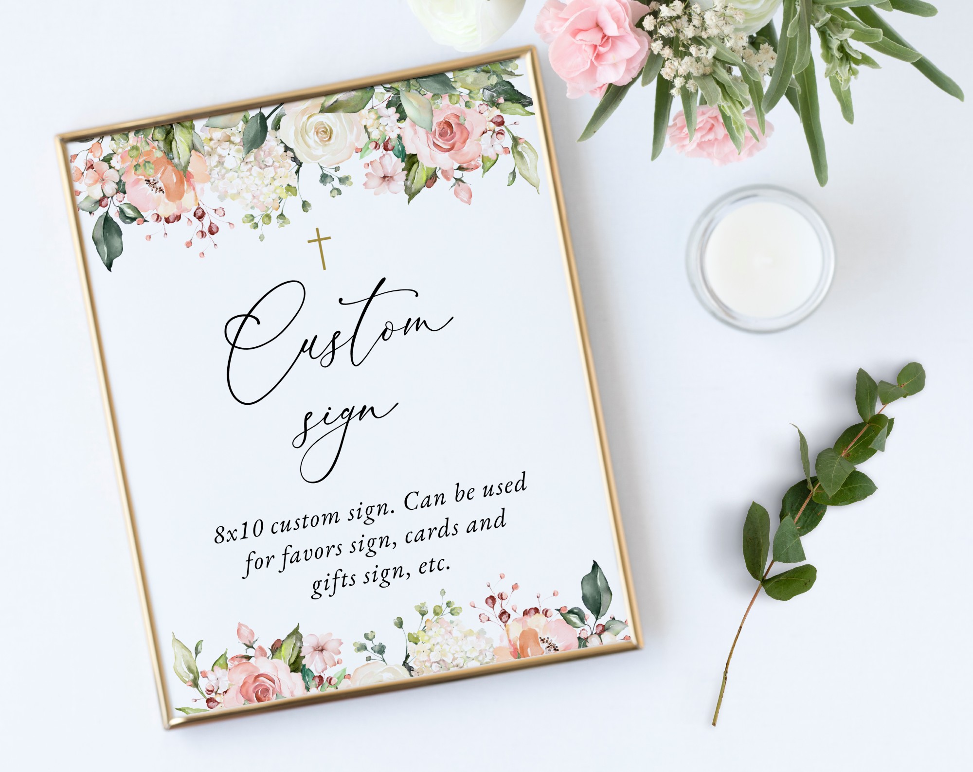 Pink, Orange and White Flowers Custom Sign, Baptism, First Holy Communion, Printable File, Edit Yourself, SH156 SH157