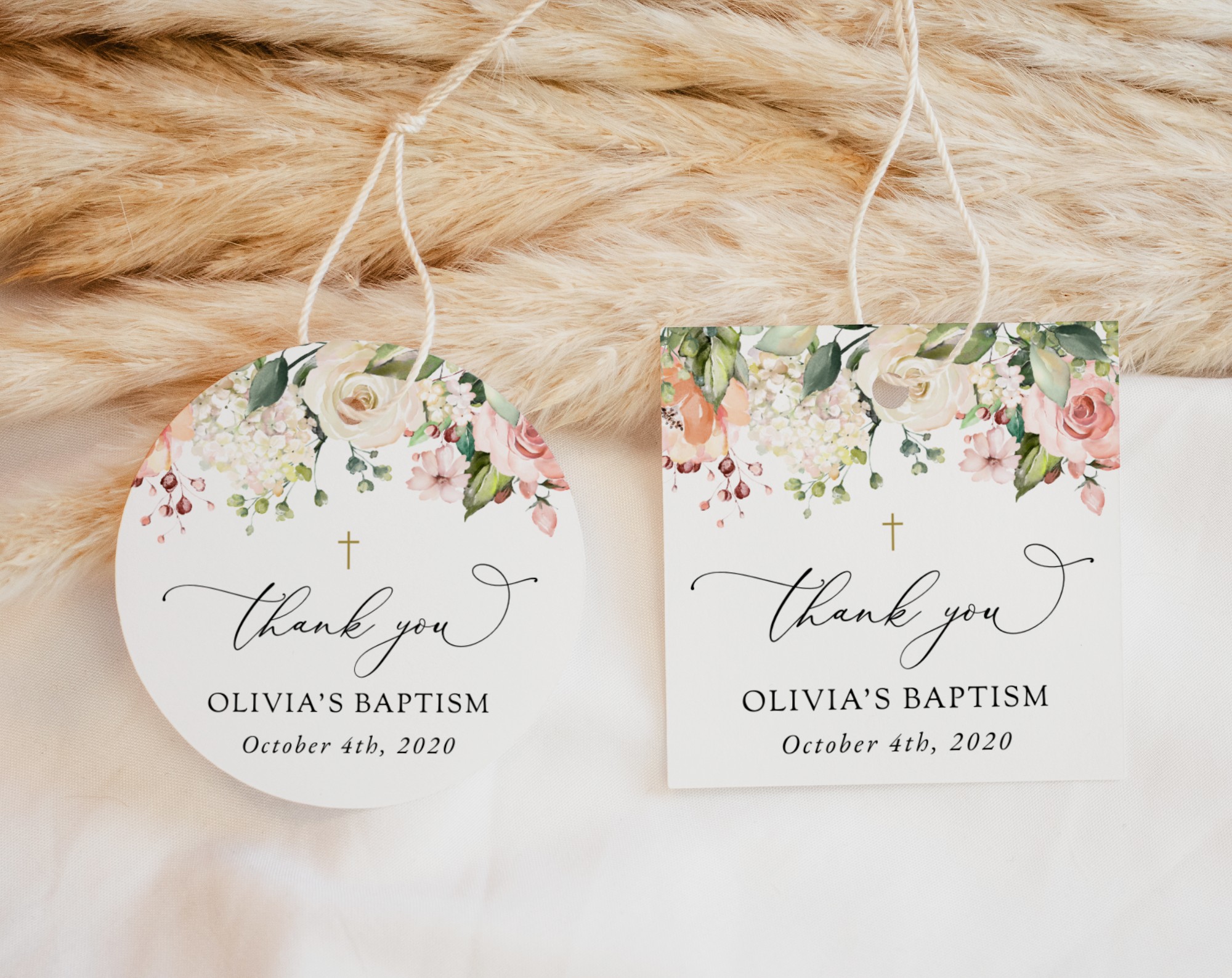 Pink, Orange and White Flowers Baptism Favor Tags, Gift Tags, Printable File, Edit Yourself, SH156