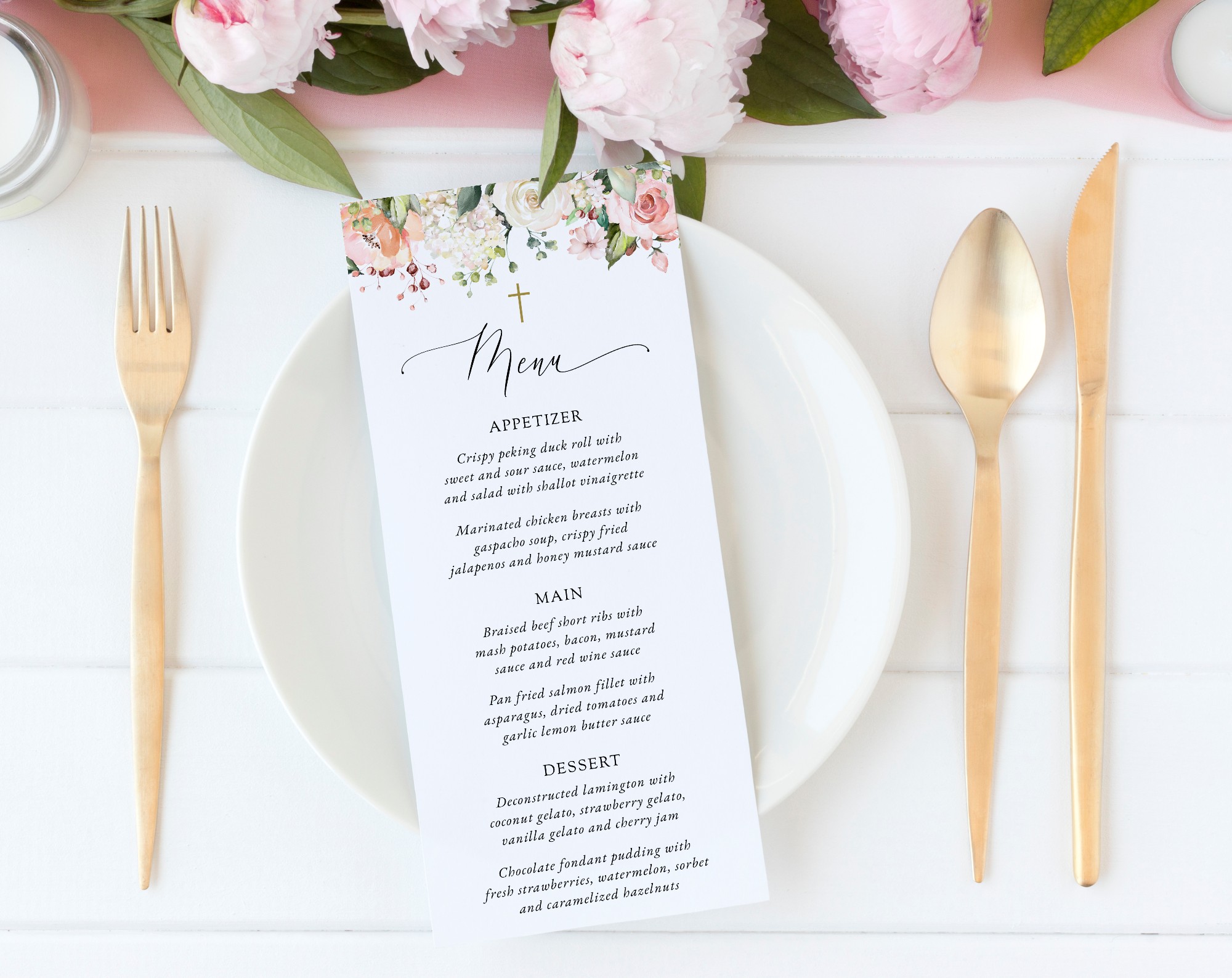 Pink, Orange and White Flowers Menu, Baptism, First Holy Communion, Printable File, Edit Yourself, SH156 SH157