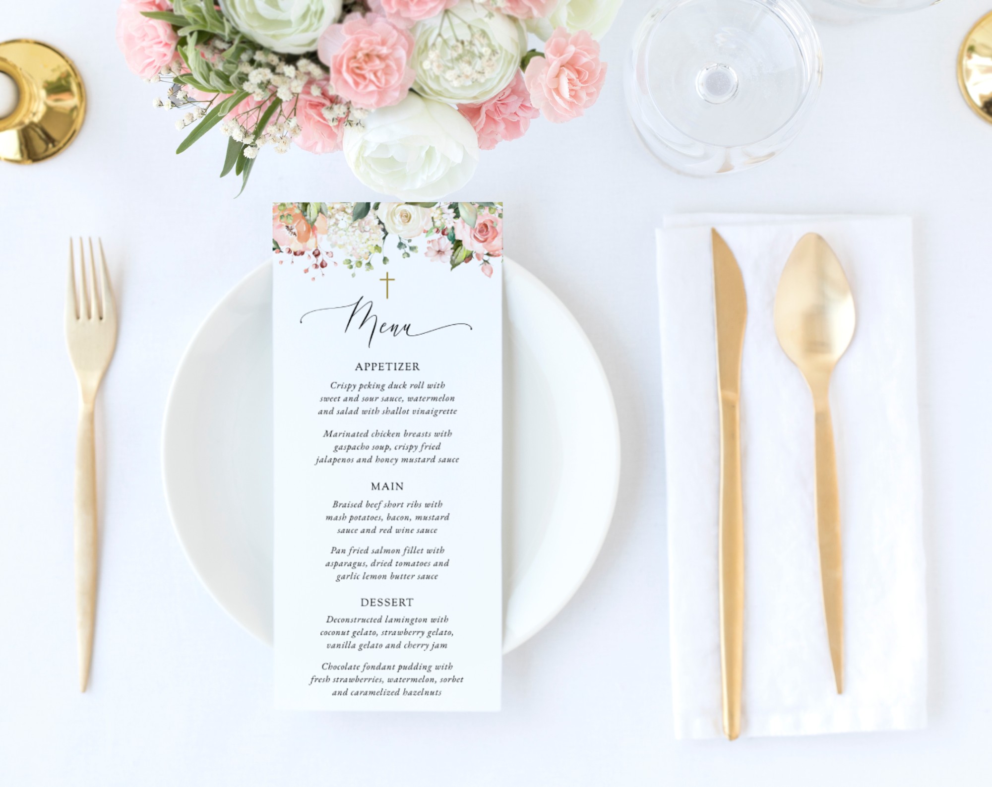 Pink, Orange and White Flowers Menu, Baptism, First Holy Communion, Printable File, Edit Yourself, SH156 SH157