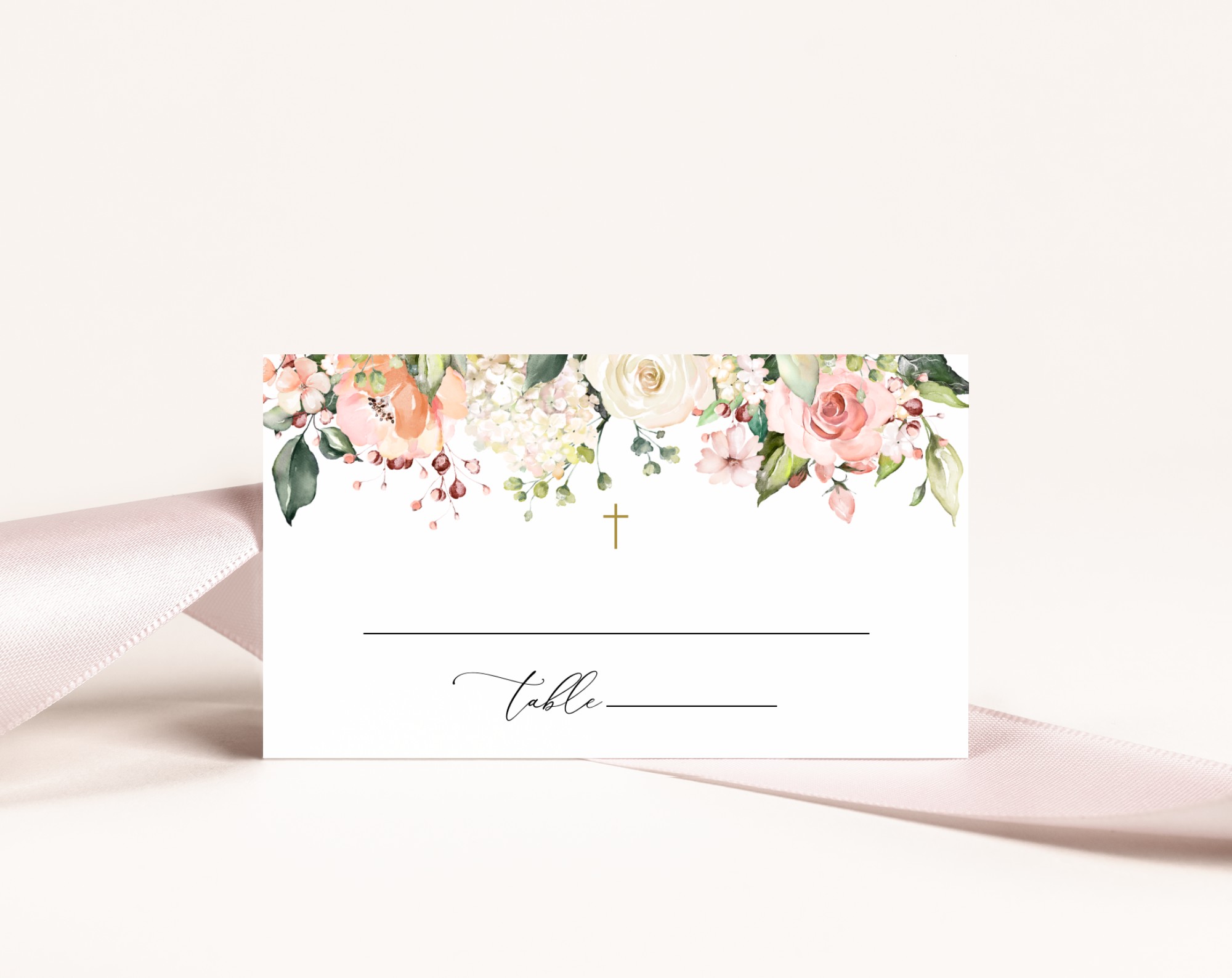 Pink, Orange and White Flowers Place Card, Baptism, First Holy Communion, Printable File, Edit Yourself, SH156 SH157