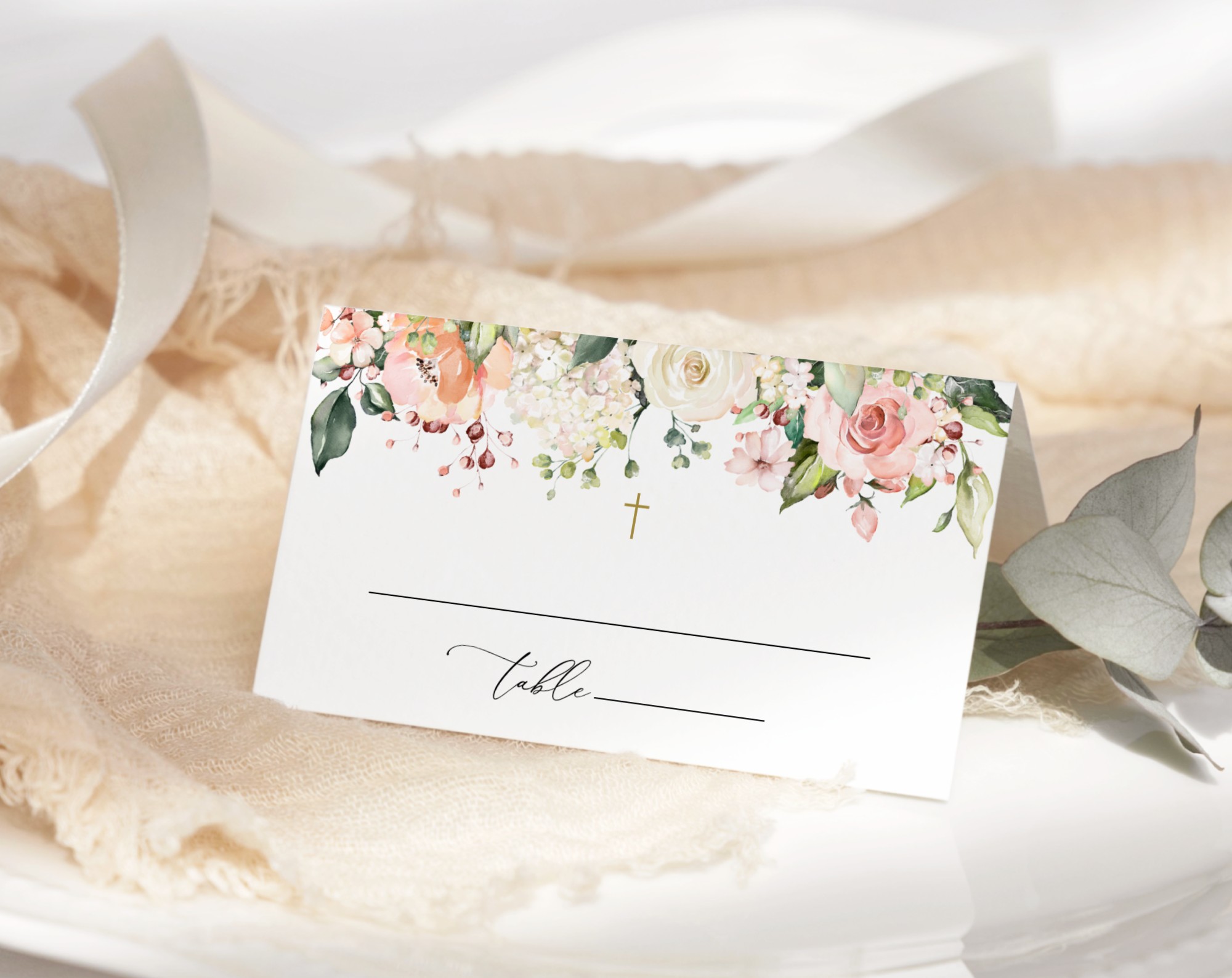 Pink, Orange and White Flowers Place Card, Baptism, First Holy Communion, Printable File, Edit Yourself, SH156 SH157