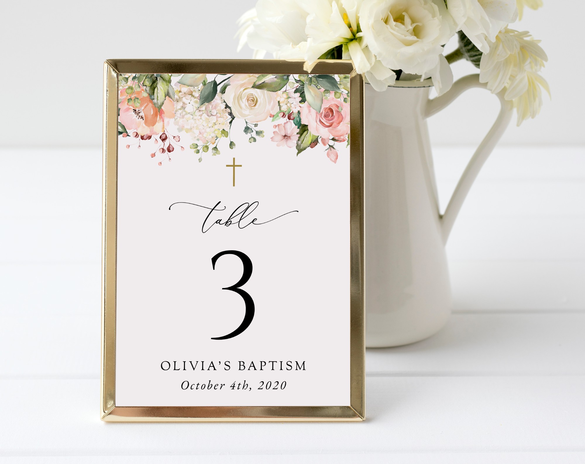 Pink, Orange and White Flowers Table Number Sign, Baptism Sign, Printable File, Edit Yourself, SH156