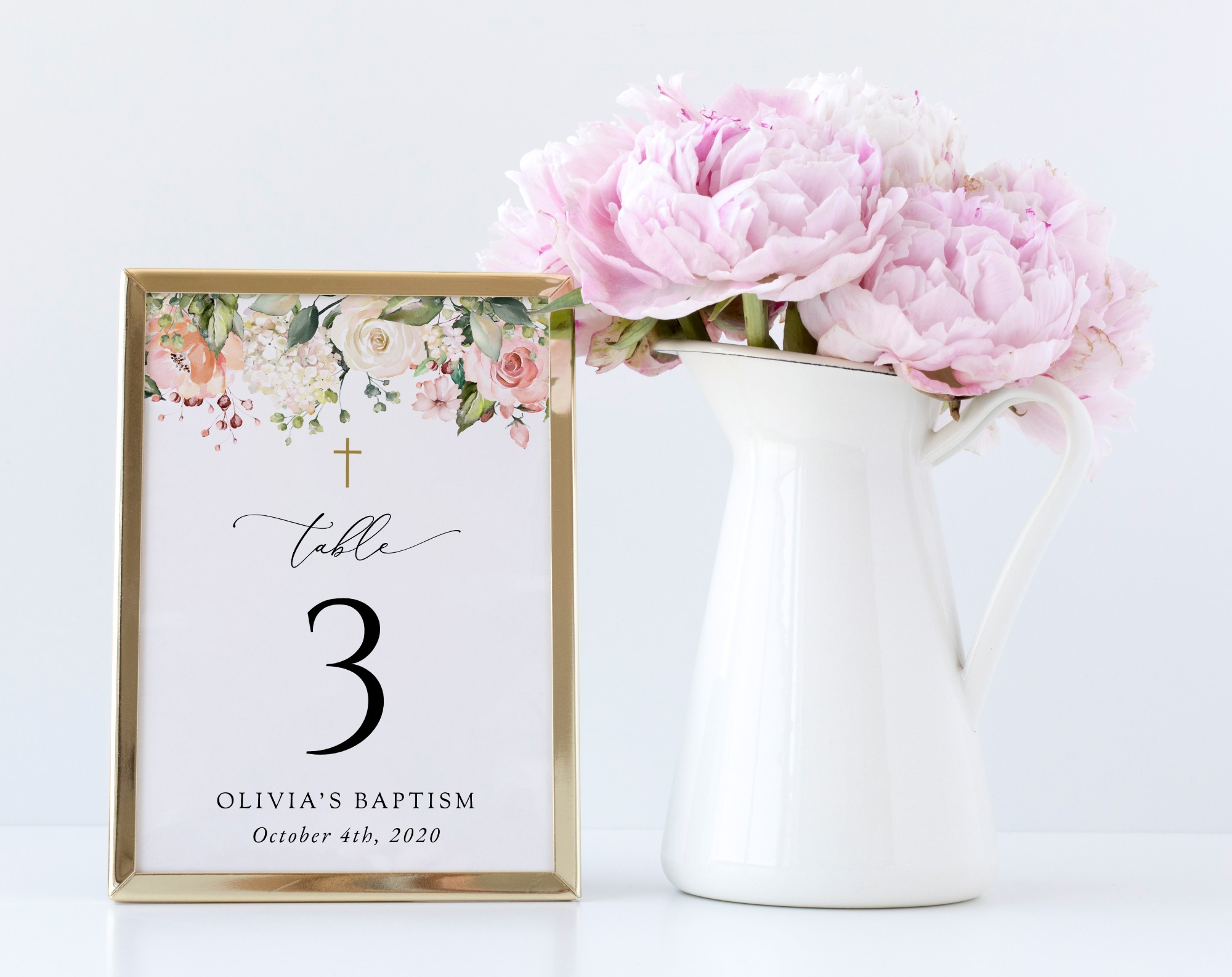 Pink, Orange and White Flowers Table Number Sign, Baptism Sign, Printable File, Edit Yourself, SH156