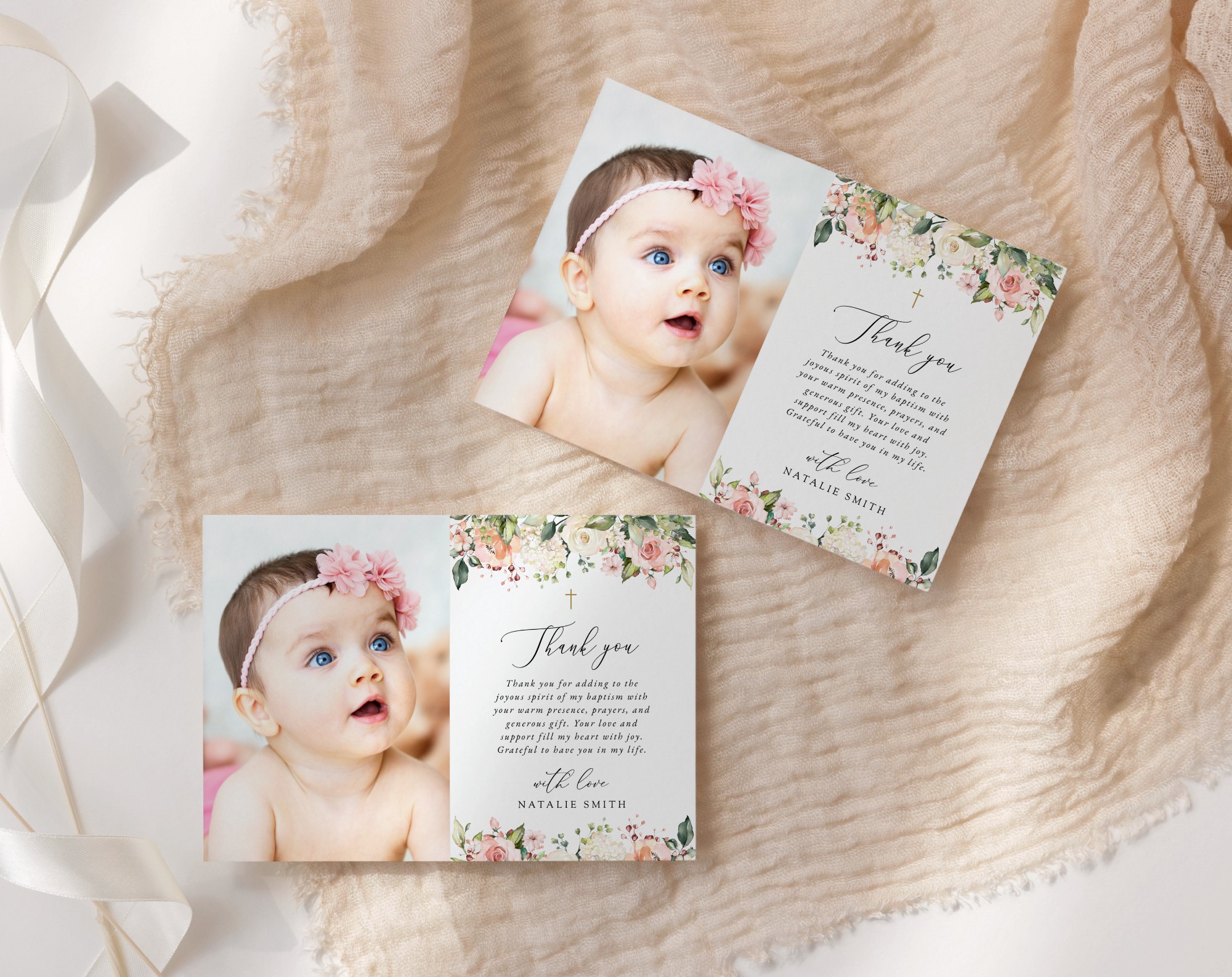 Pink, Orange and White Flowers Baptism Thank You Card, Baptism Stationery, Printable File, Edit Yourself, SH156