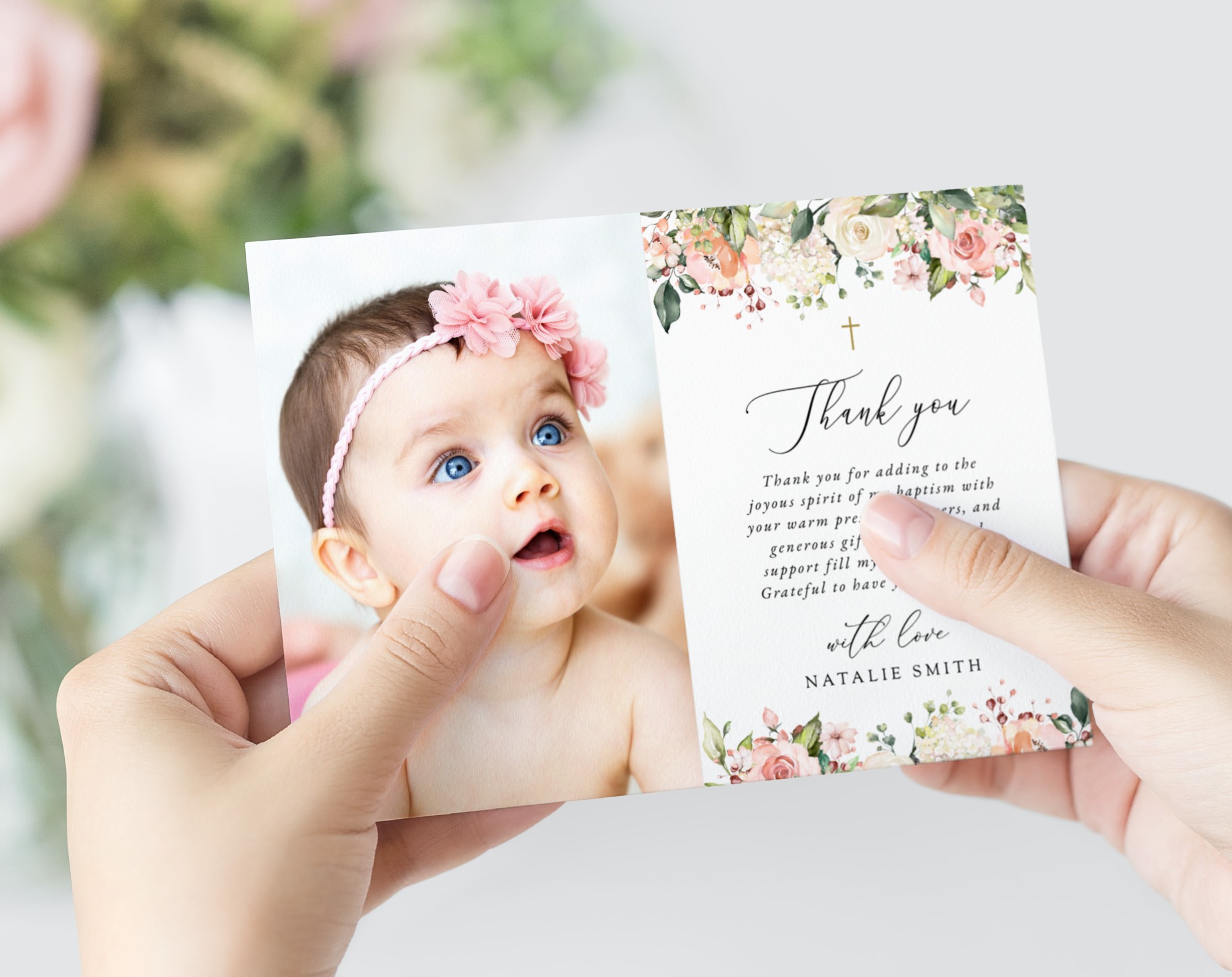 Pink, Orange and White Flowers Baptism Thank You Card, Baptism Stationery, Printable File, Edit Yourself, SH156