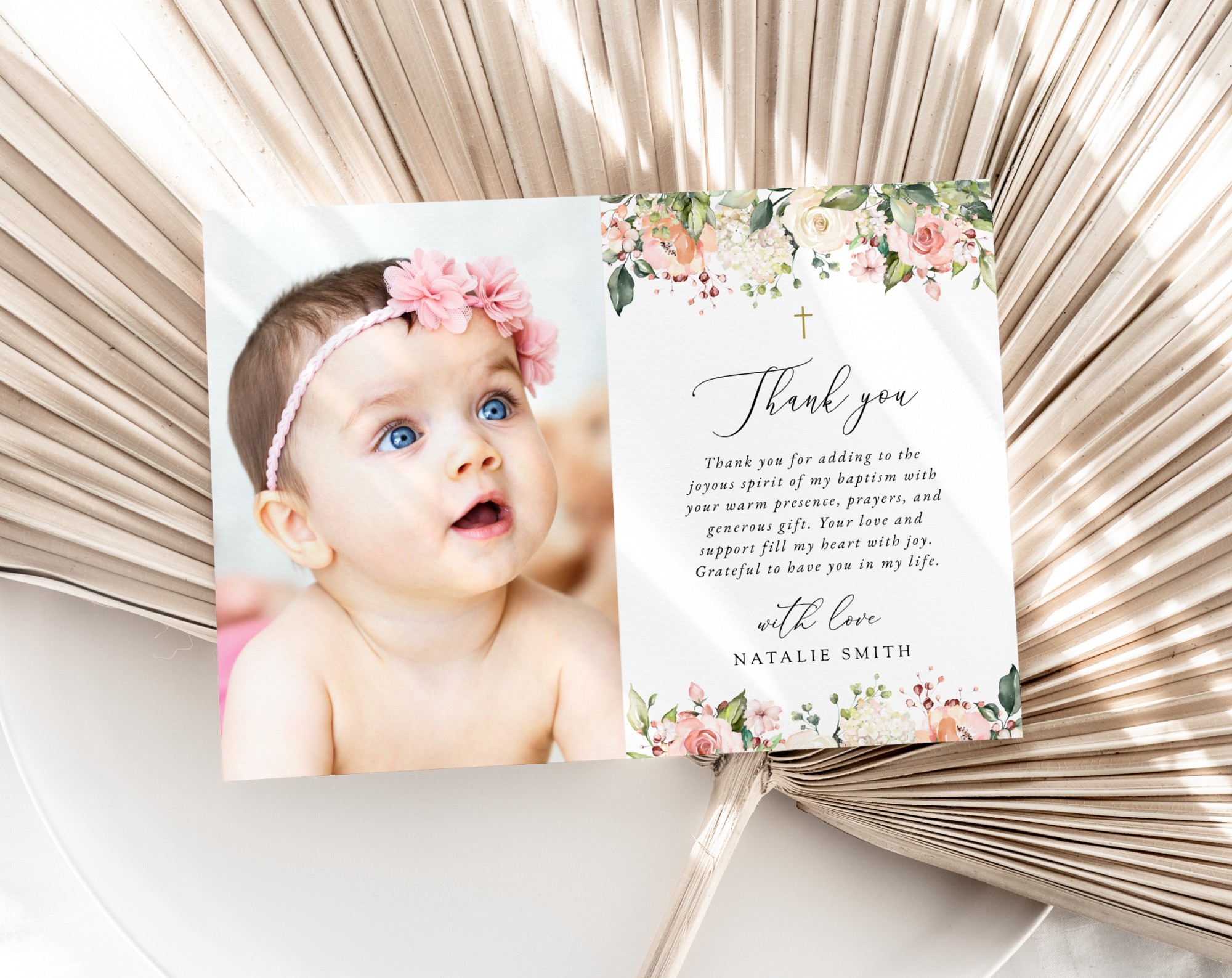 Pink, Orange and White Flowers Baptism Thank You Card, Baptism Stationery, Printable File, Edit Yourself, SH156