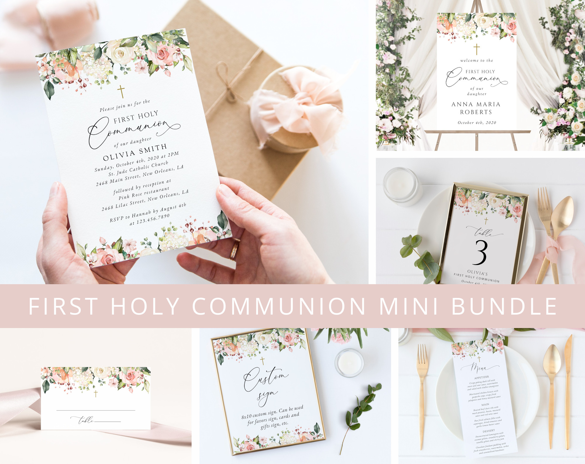 Pink, Orange and White Flowers First Holy Communion Mini Bundle, Printable File, Edit Yourself, SH157