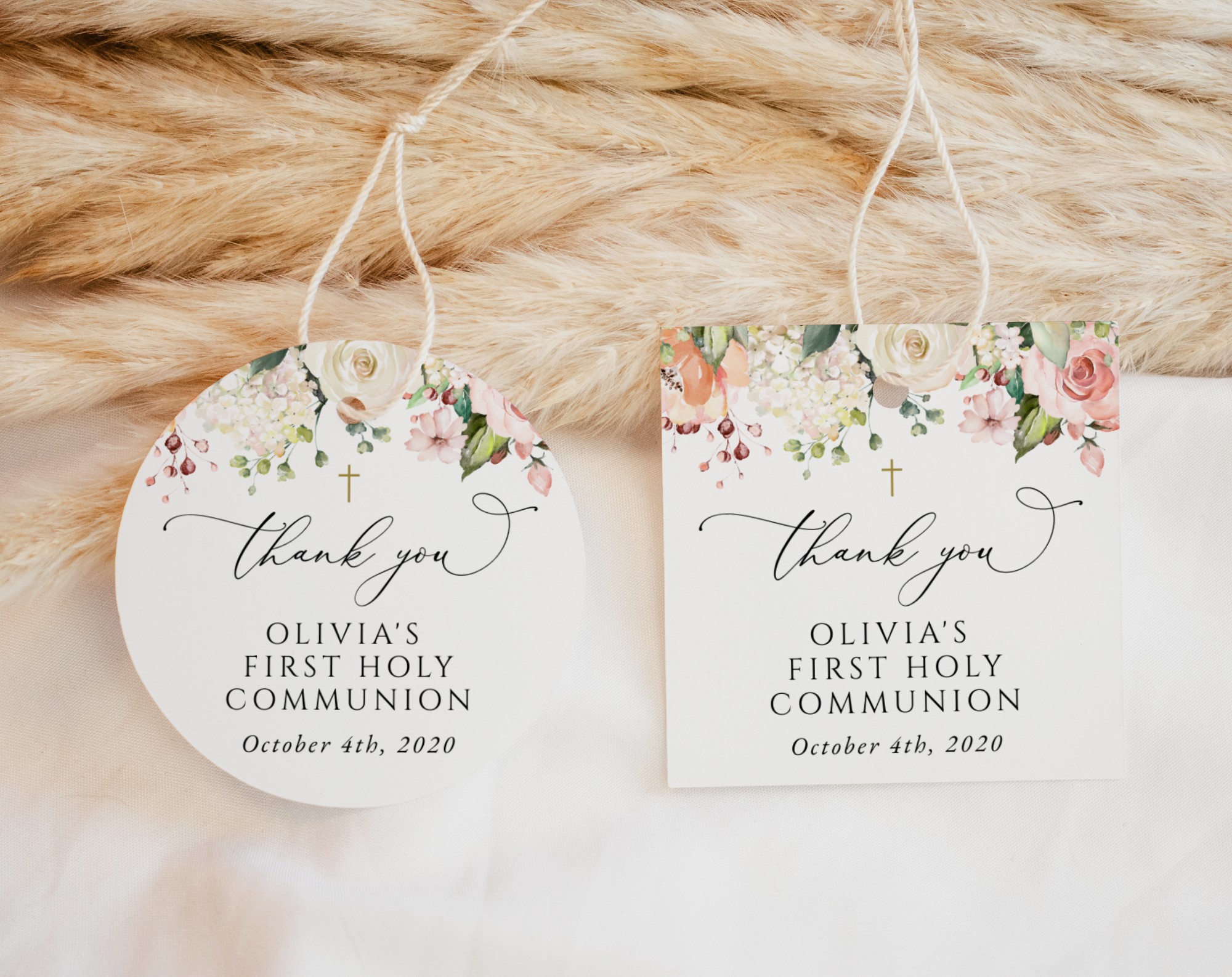 Pink, Orange and White Flowers First Holy Communion Favor Tags, Gift Tags, Printable File, Edit Yourself, SH157