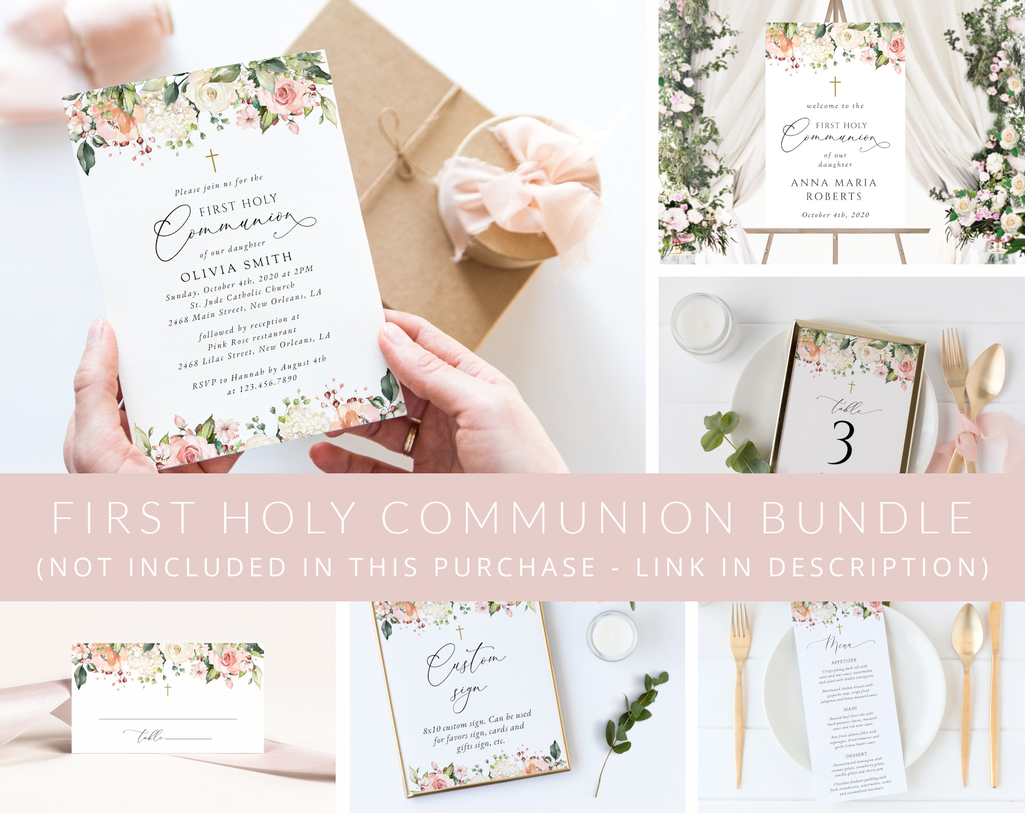 Pink, Orange and White Flowers First Holy Communion Mini Bundle, Printable File, Edit Yourself, SH157