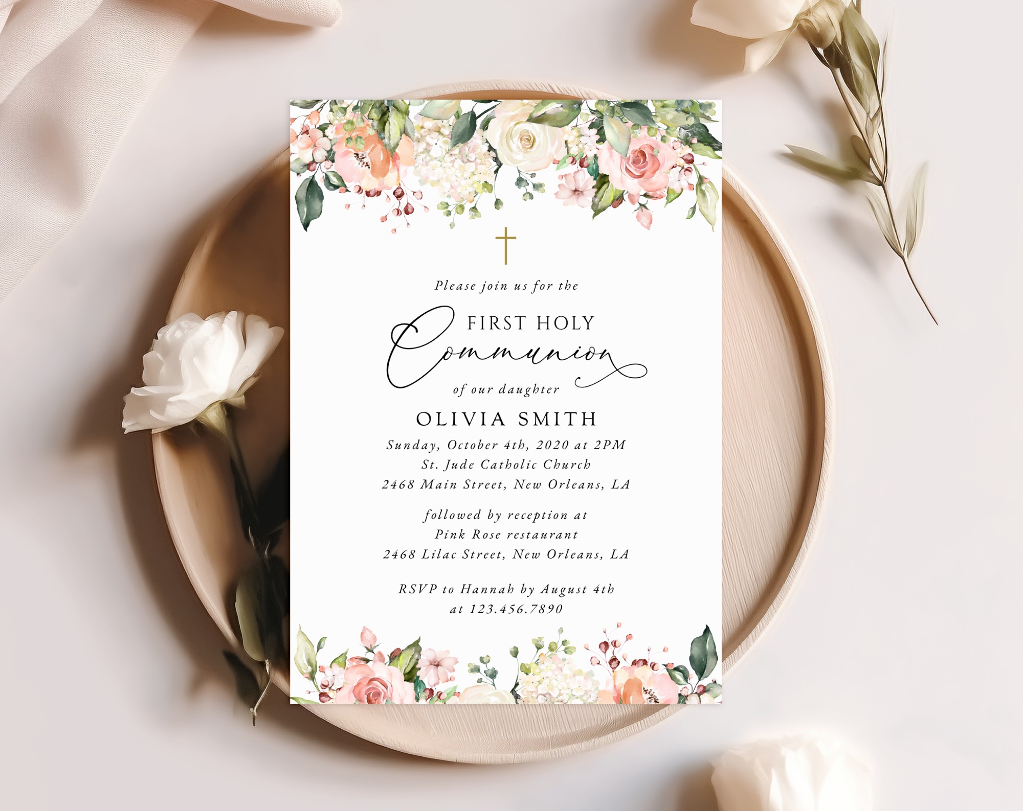 Pink, Orange and White Flowers First Holy Communion Invitation, Printable File, Edit Yourself, SH157