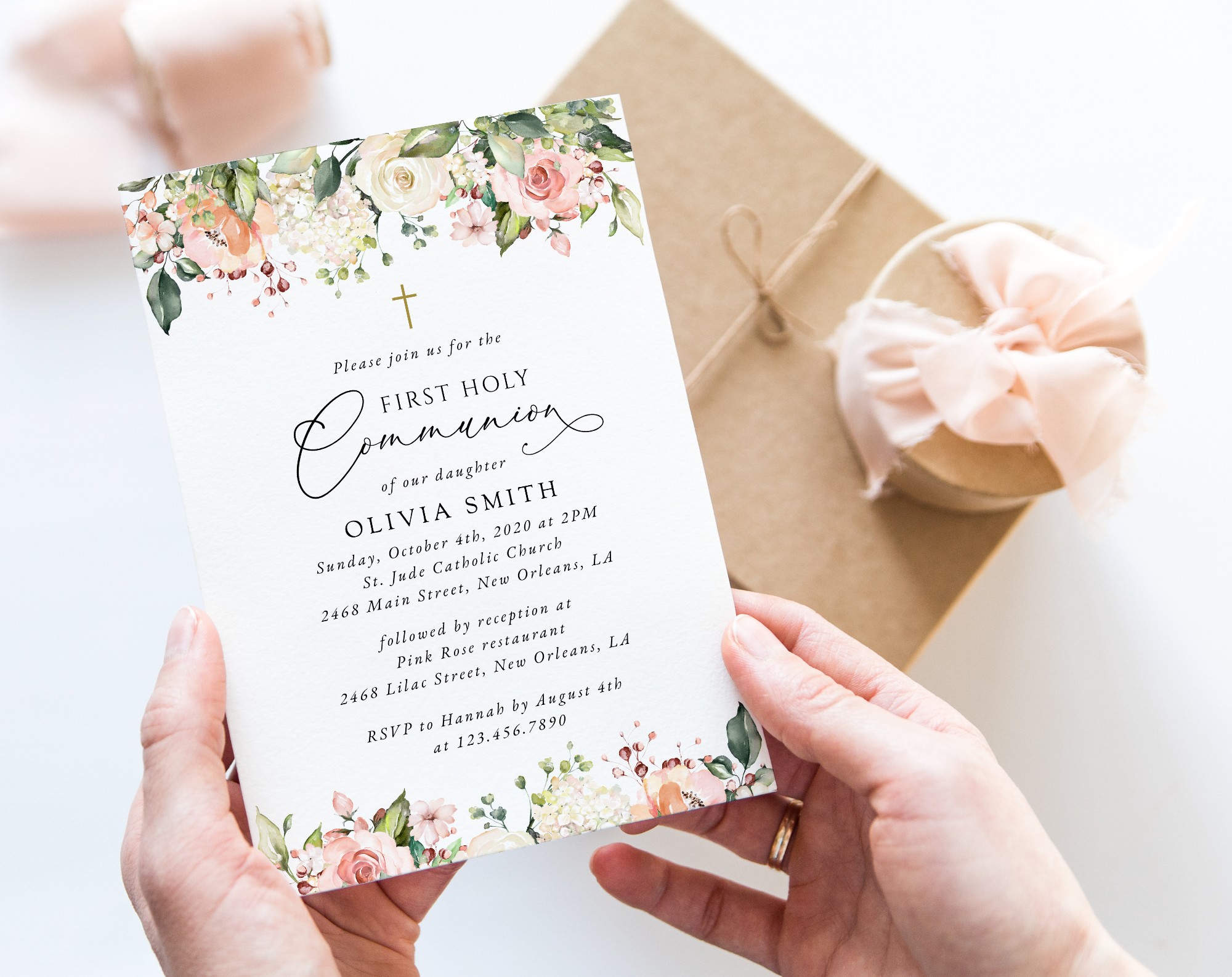 Pink, Orange and White Flowers First Holy Communion Invitation, Printable File, Edit Yourself, SH157