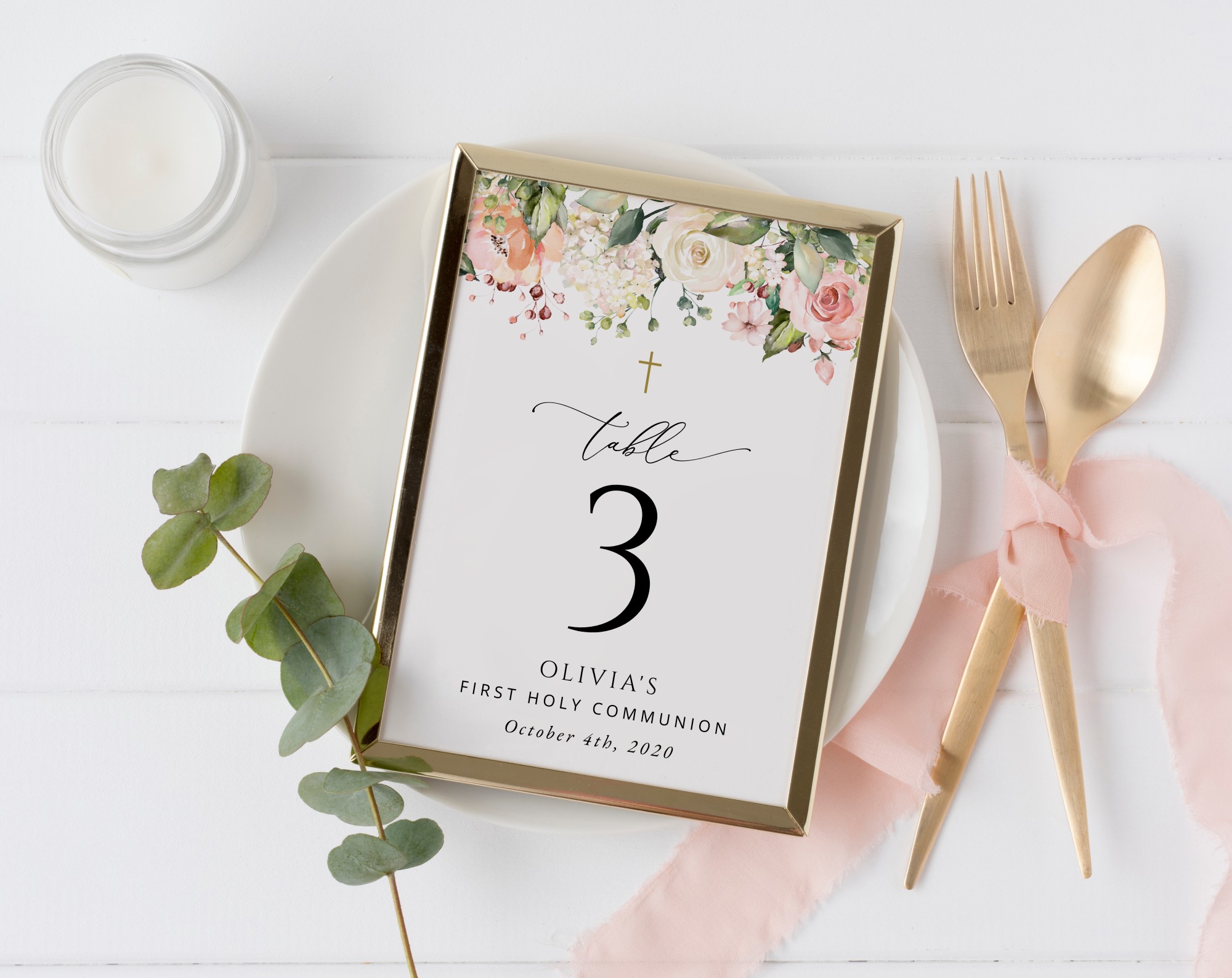 Pink, Orange and White Flowers Table Number Sign, First Holy Communion Sign, Printable File, Edit Yourself, SH157