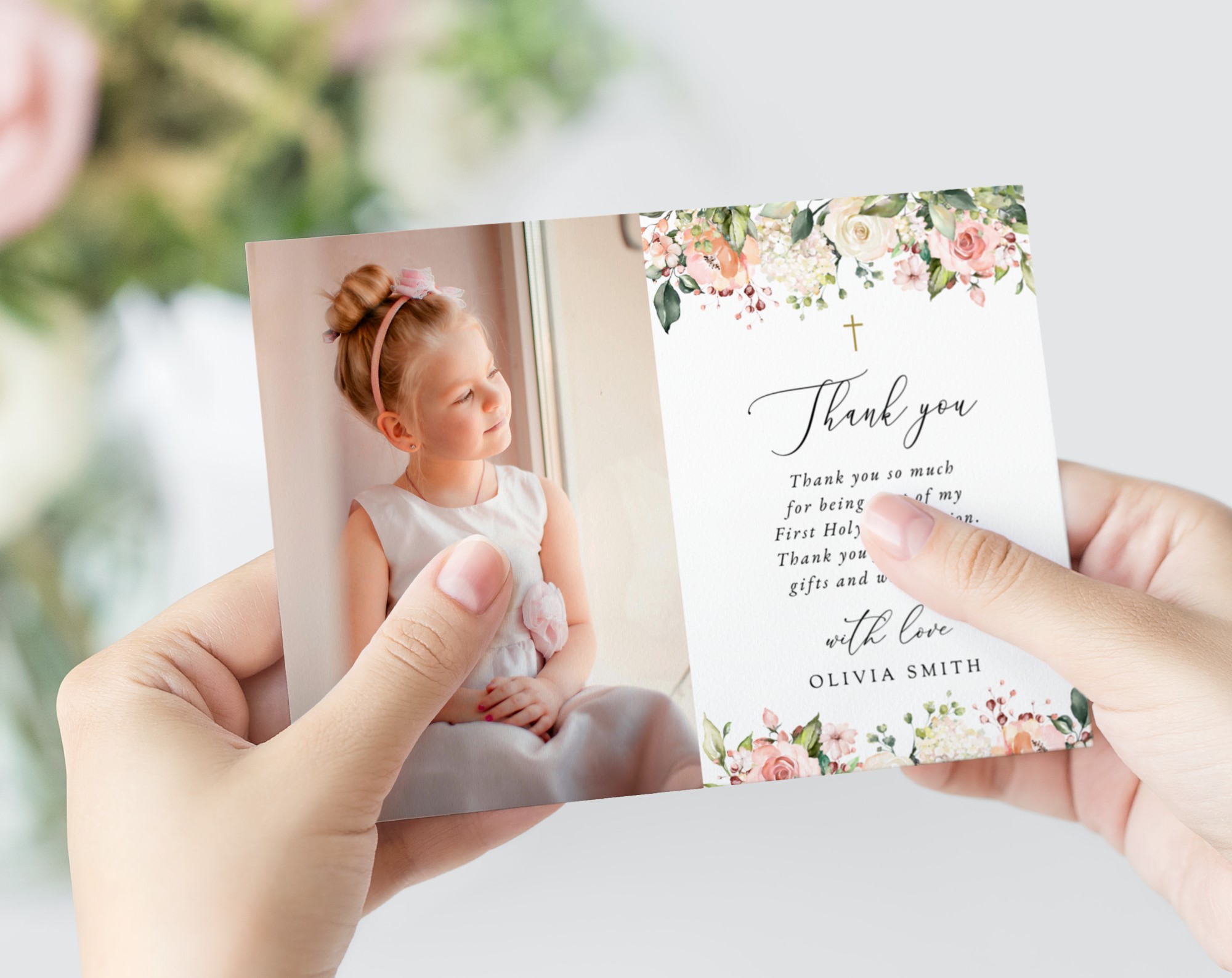Pink, Orange and White Flowers First Holy Communion Thank You Card, Printable File, Edit Yourself, SH157