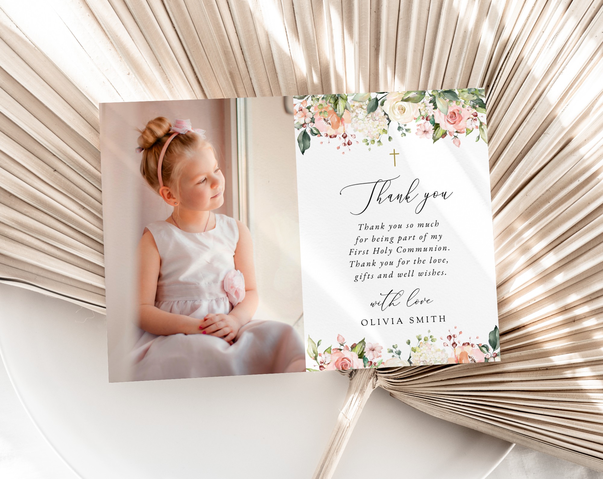Pink, Orange and White Flowers First Holy Communion Thank You Card, Printable File, Edit Yourself, SH157
