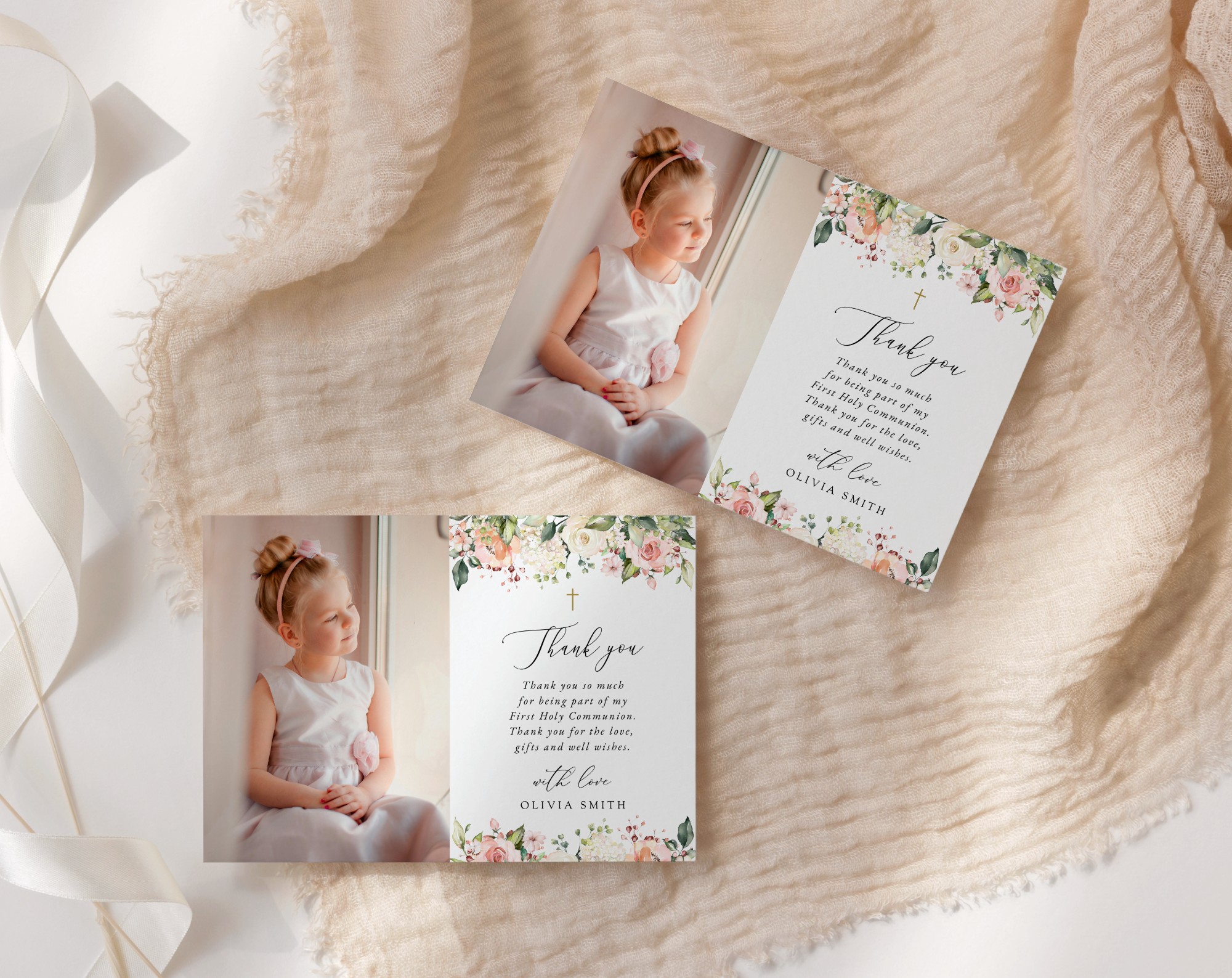 Pink, Orange and White Flowers First Holy Communion Thank You Card, Printable File, Edit Yourself, SH157