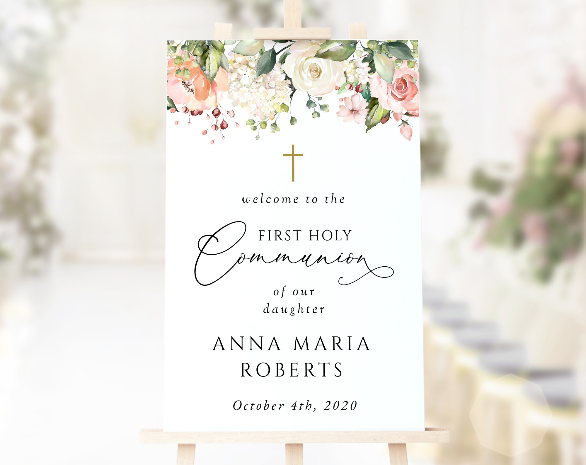 Pink, Orange and White Flowers Welcome Sign, First Holy Communion Sign, Printable File, Edit Yourself, SH157