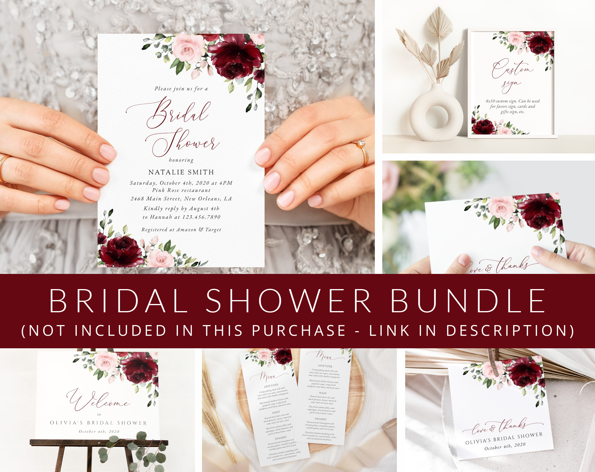 Burgundy and Blush Flowers Bridal Shower Mini Bundle, Printable File, Edit Yourself, SH158 Burgundy and Blush Flowers Bridal Shower Mini Bundle, Printable File, Edit Yourself, SH158