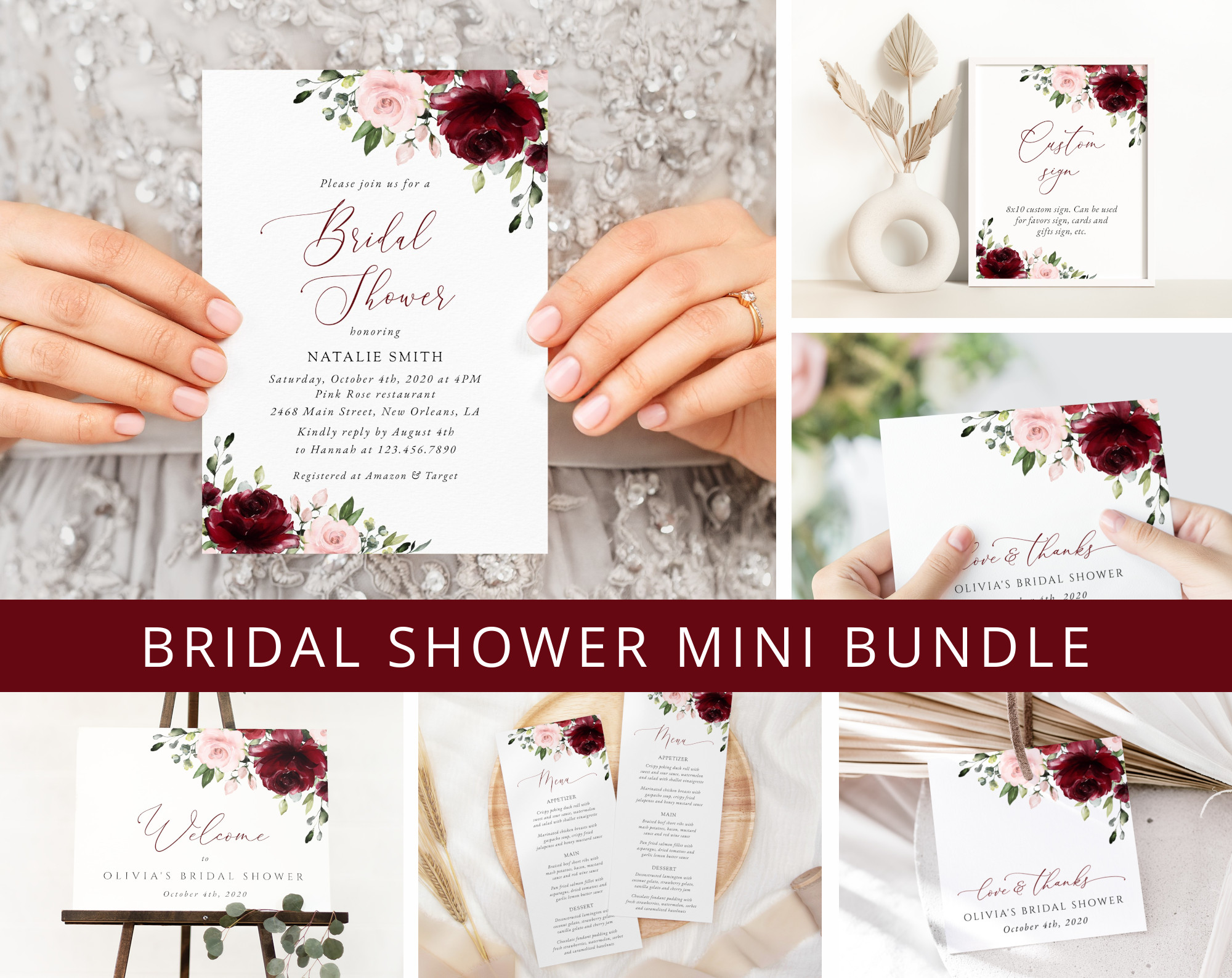Burgundy and Blush Flowers Bridal Shower Mini Bundle, Printable File, Edit Yourself, SH158 Burgundy and Blush Flowers Bridal Shower Mini Bundle, Printable File, Edit Yourself, SH158