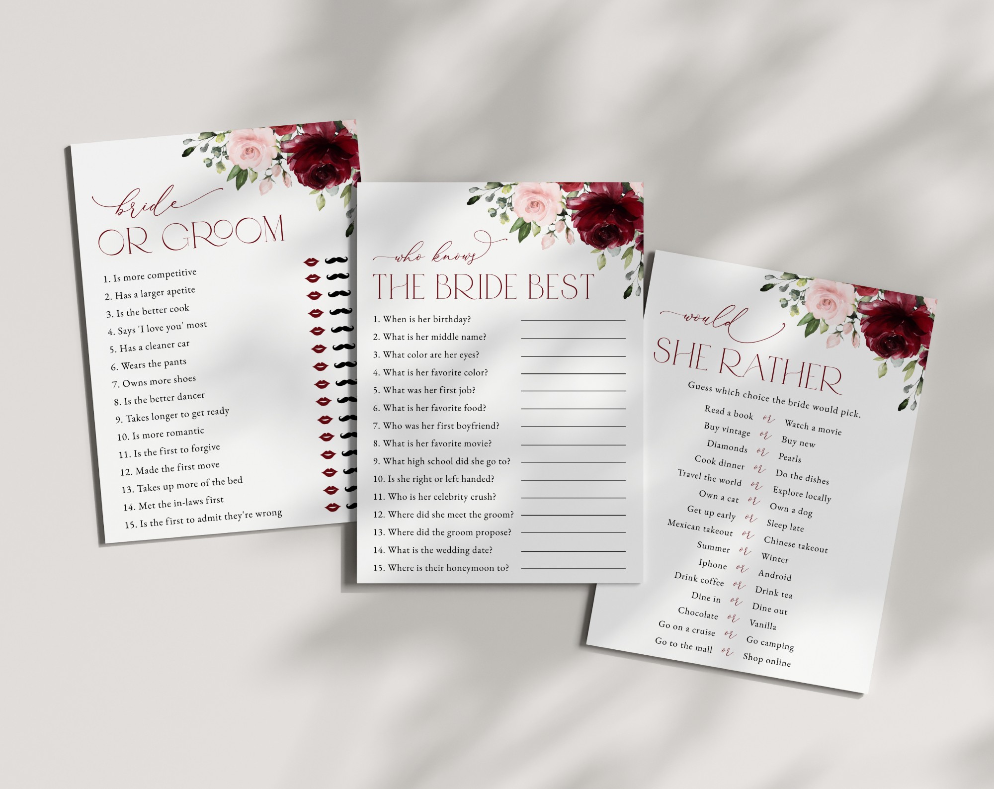 Burgundy and Blush Flowers Bridal Shower Games, Set of 3 Games, Printable File, Edit Yourself, SH158 Burgundy and Blush Flowers Bridal Shower Games, Set of 3 Games, Printable File, Edit Yourself, SH158
