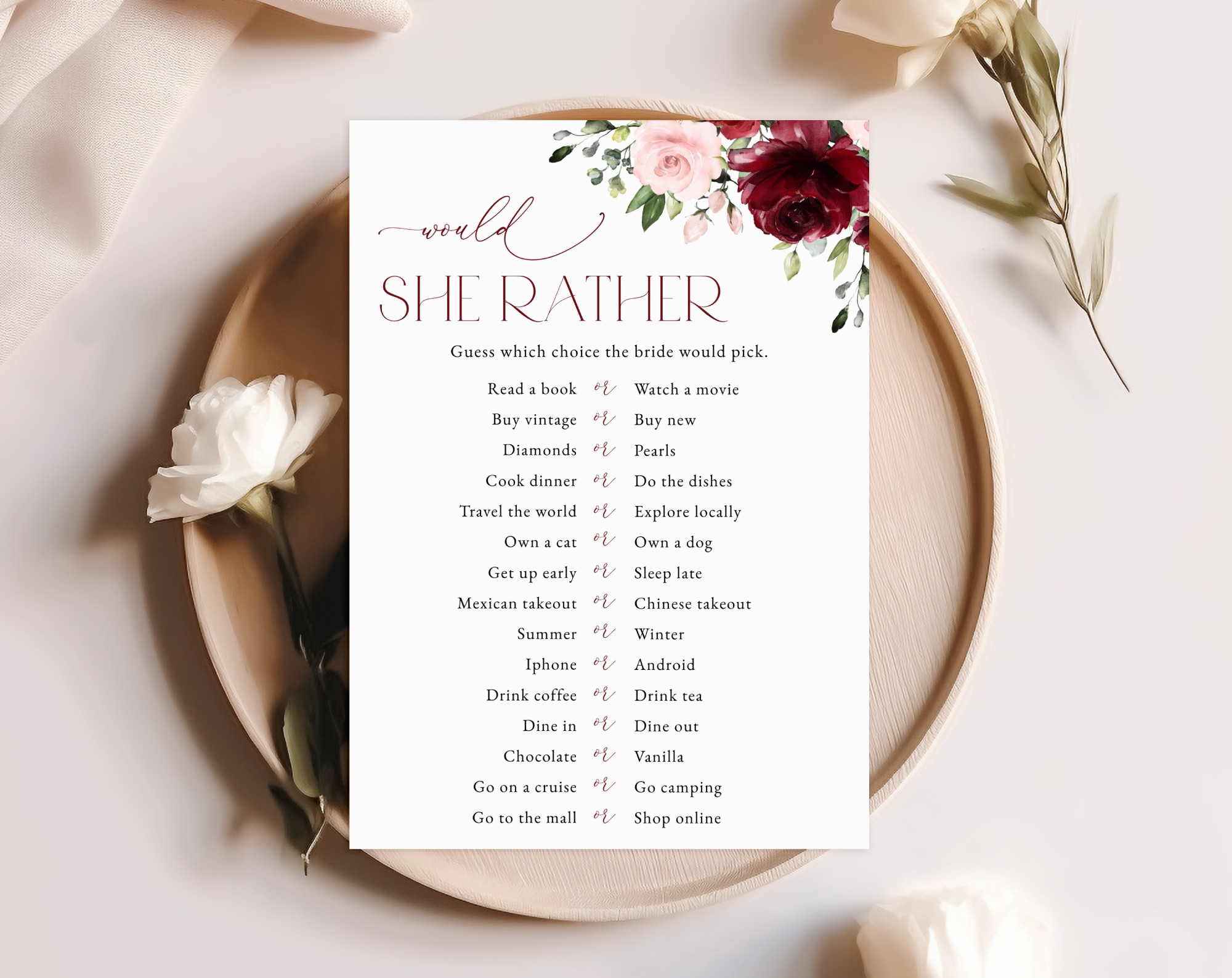 Burgundy and Blush Flowers Bridal Shower Games, Set of 3 Games, Printable File, Edit Yourself, SH158 Burgundy and Blush Flowers Bridal Shower Games, Set of 3 Games, Printable File, Edit Yourself, SH158