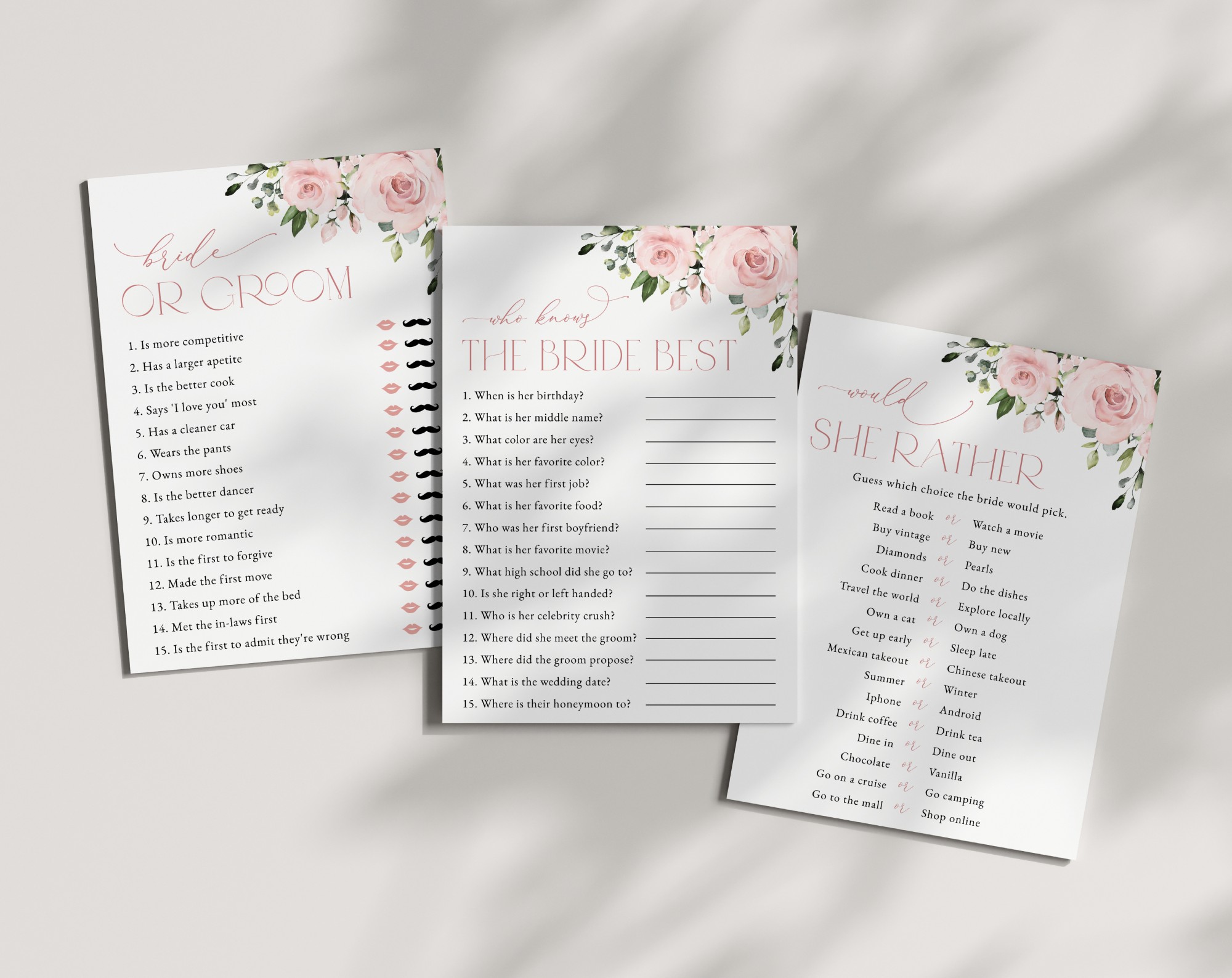Blush Flowers Bridal Shower Games, Set of 3 Games, Printable File, Edit Yourself, SH159 Blush Flowers Bridal Shower Games, Set of 3 Games, Printable File, Edit Yourself, SH159
