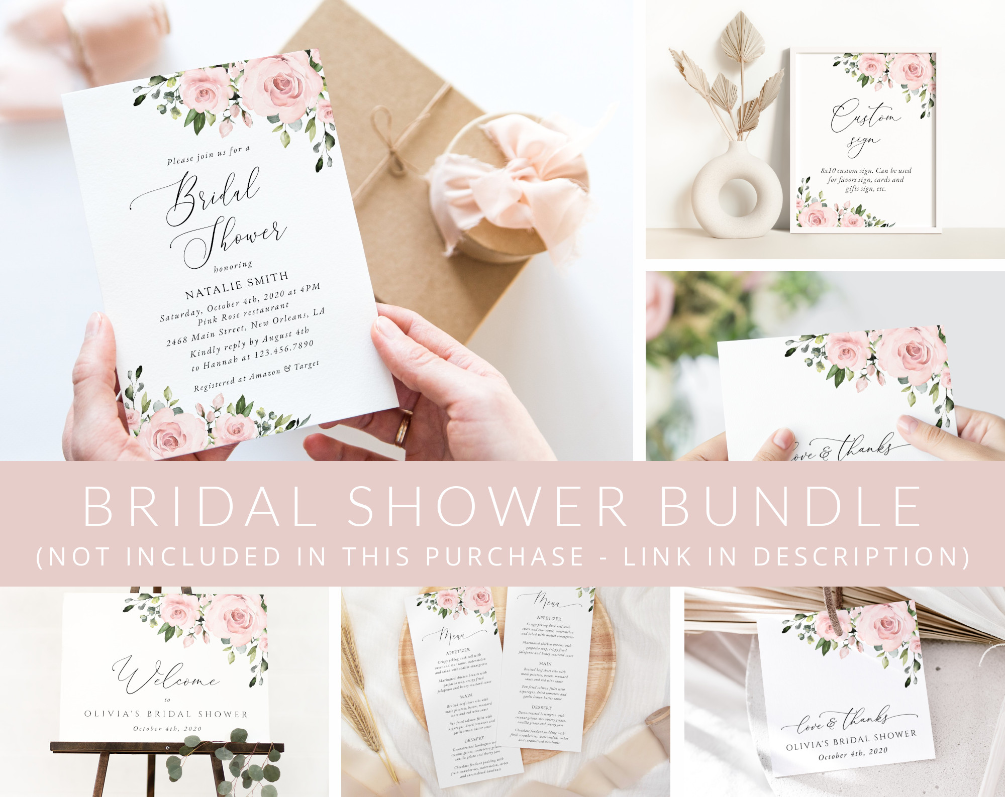 Blush Flowers Bridal Shower Mini Bundle, Printable File, Edit Yourself, SH159 Blush Flowers Bridal Shower Mini Bundle, Printable File, Edit Yourself, SH159