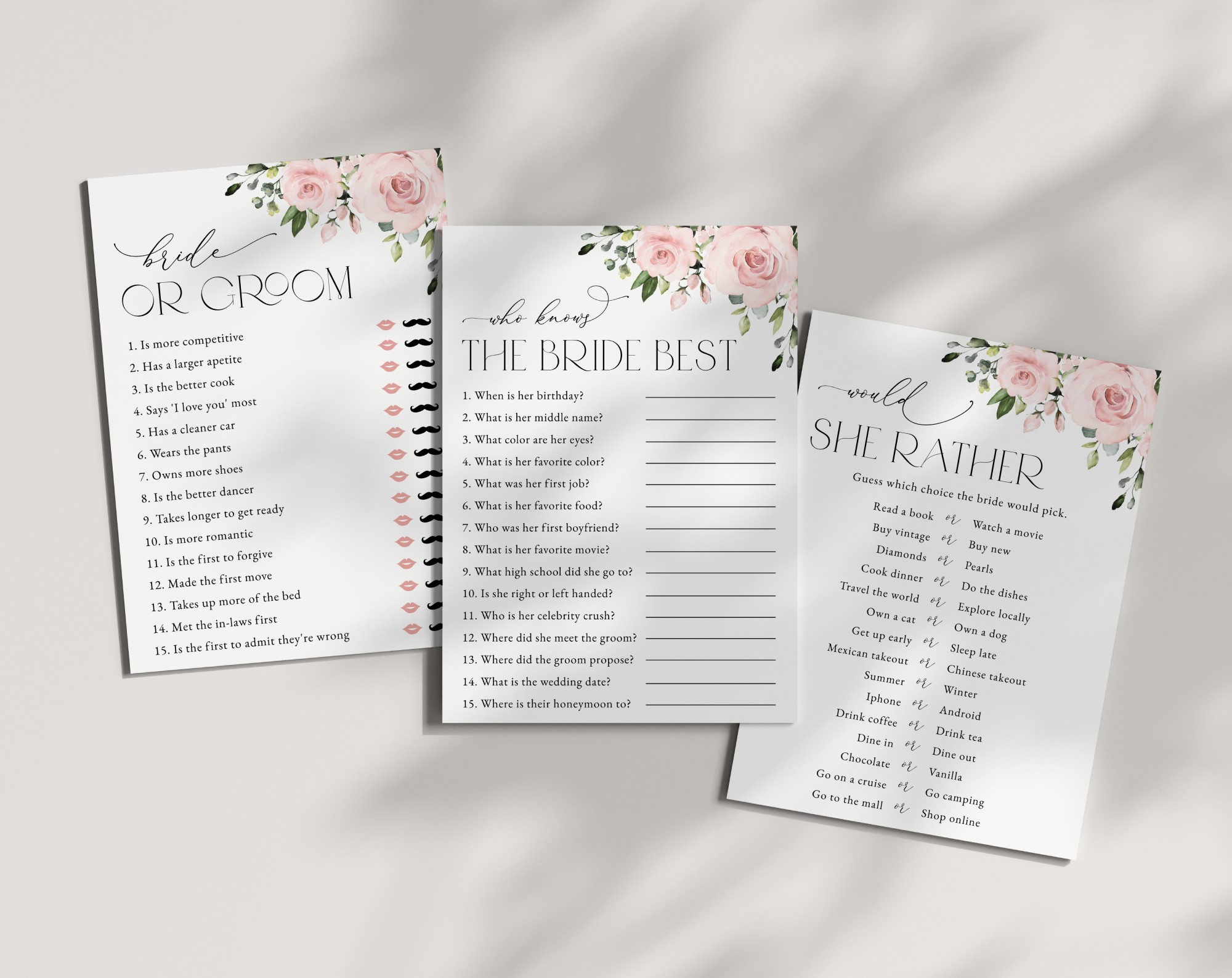 Blush Flowers Bridal Shower Games, Set of 3 Games, Printable File, Edit Yourself, SH159