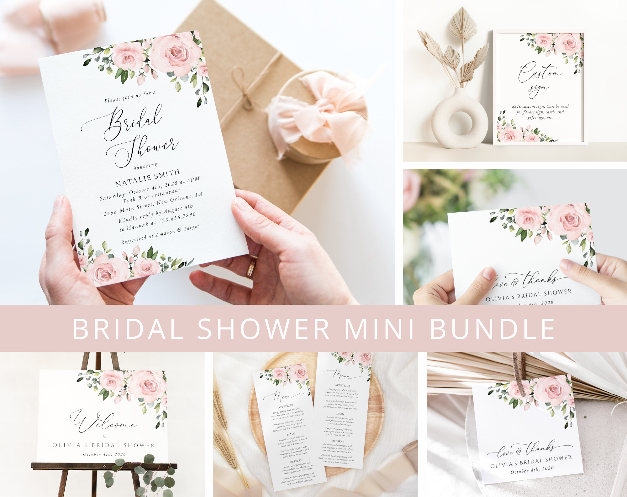Blush Flowers Bridal Shower Mini Bundle, Printable File, Edit Yourself, SH159 Blush Flowers Bridal Shower Mini Bundle, Printable File, Edit Yourself, SH159