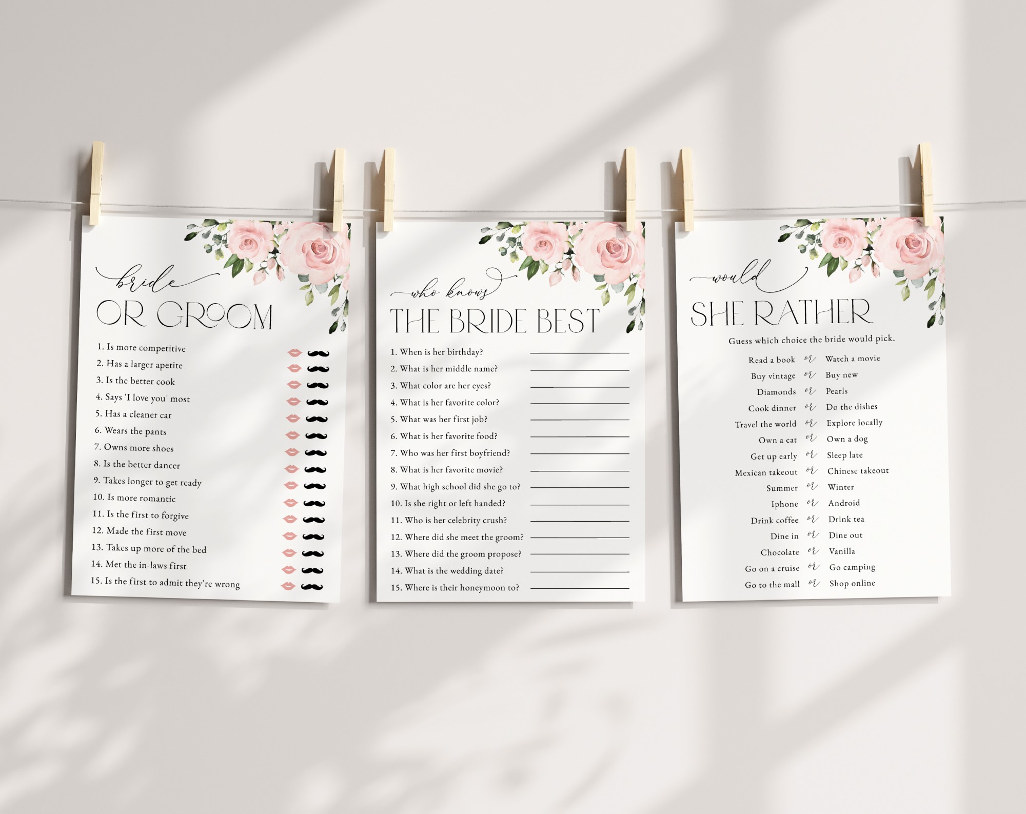 Blush Flowers Bridal Shower Games, Set of 3 Games, Printable File, Edit Yourself, SH159 Blush Flowers Bridal Shower Games, Set of 3 Games, Printable File, Edit Yourself, SH159