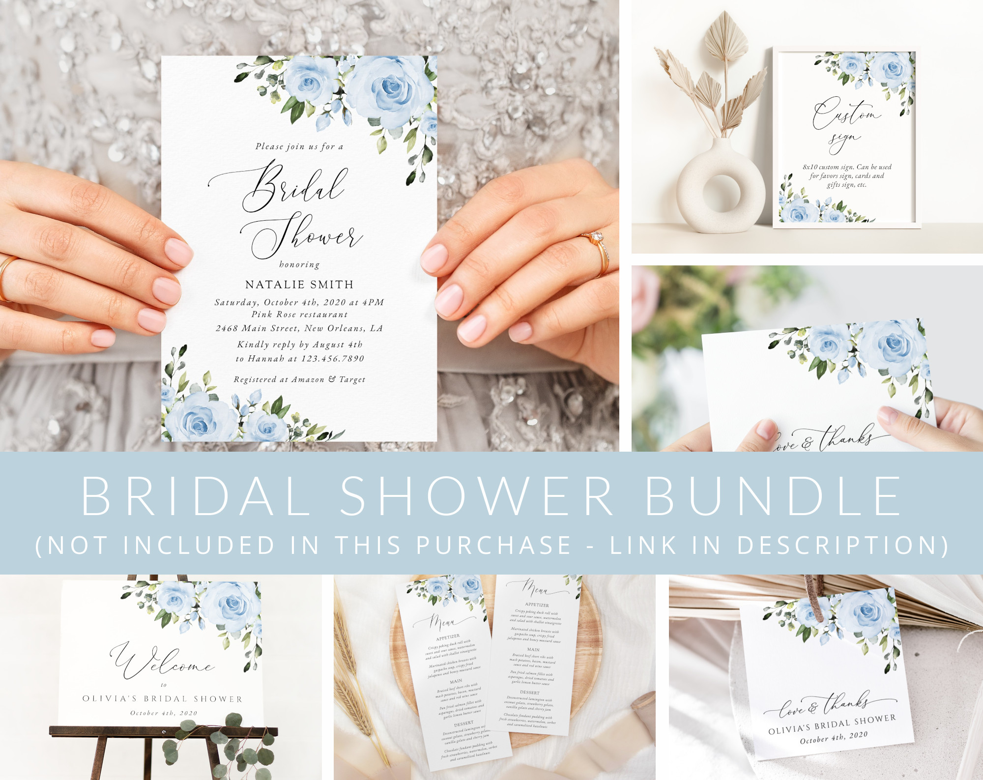 Dusty Blue Flowers Bridal Shower Mini Bundle, Printable File, Edit Yourself, SH160
